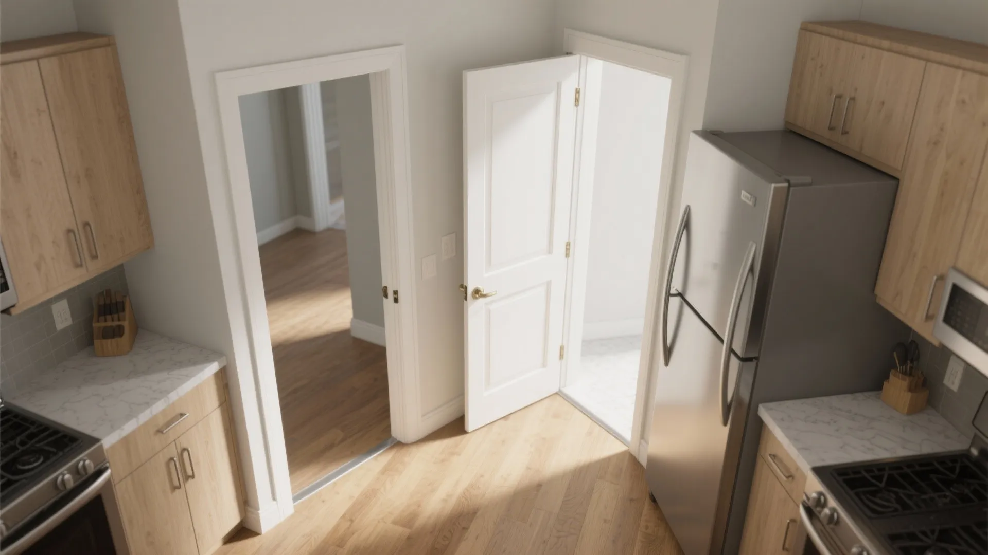 3) Outswing Hinged Doors (or Double-Acting) to Save Interior Space