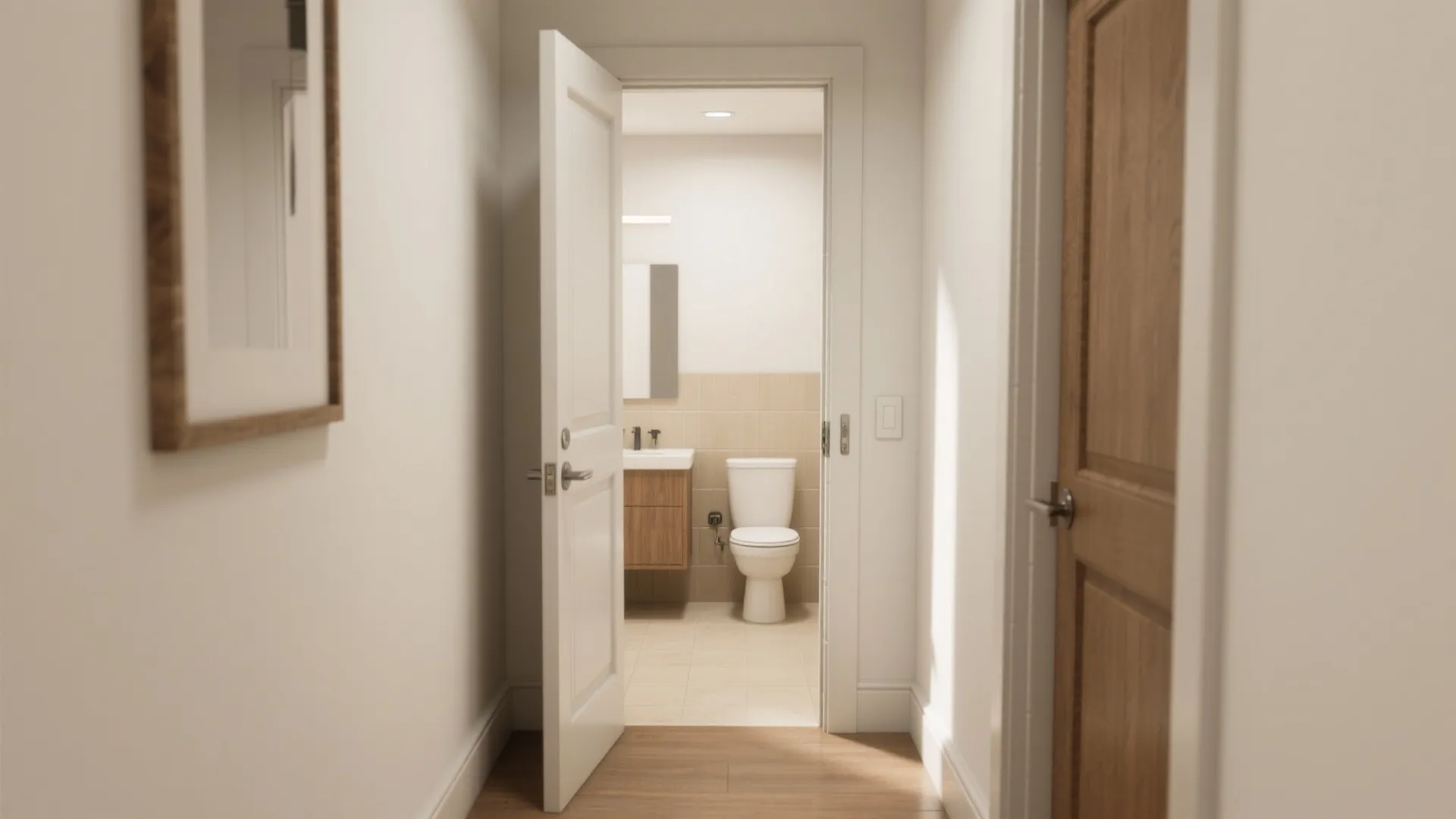 White open door leading into a small bathroom with toilet wooden cabinet and white mirror