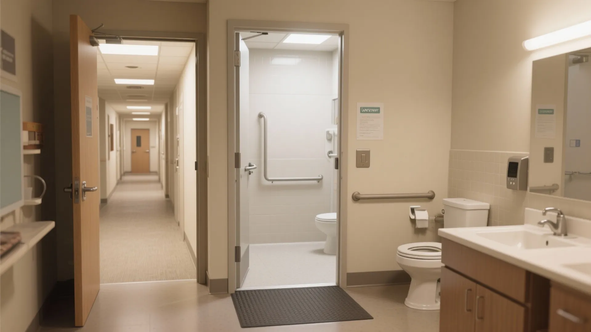 Bathroom with an outward-swinging door showing increased interior usable space