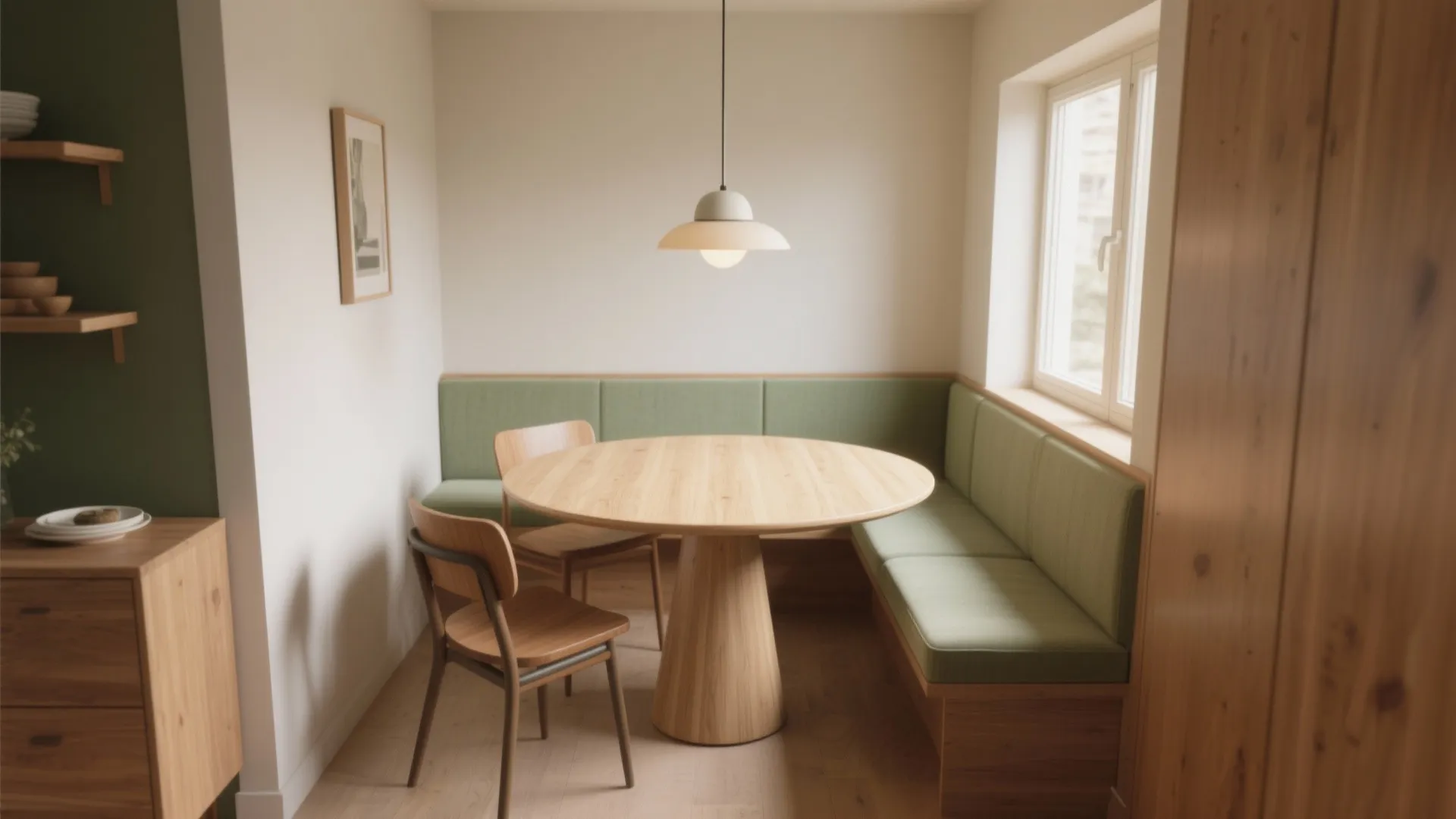Modern dining area with round wooden table green bench seat white ceiling light and large window