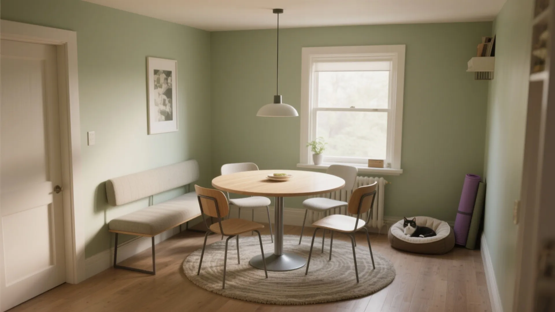Dining room with round wood table four chairs green walls and cat in pet bed