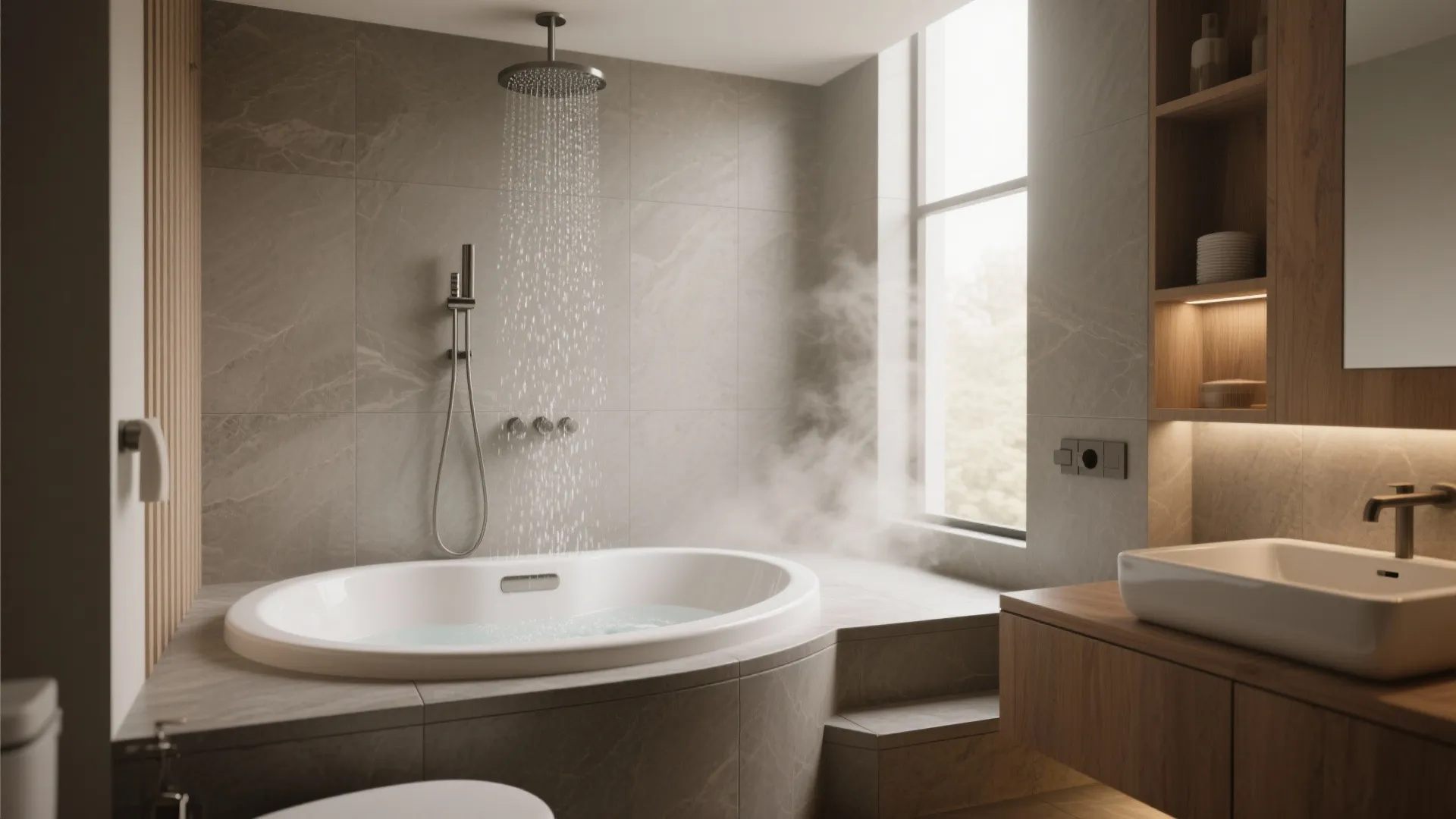 3. Compact oval tub with overhead rain shower