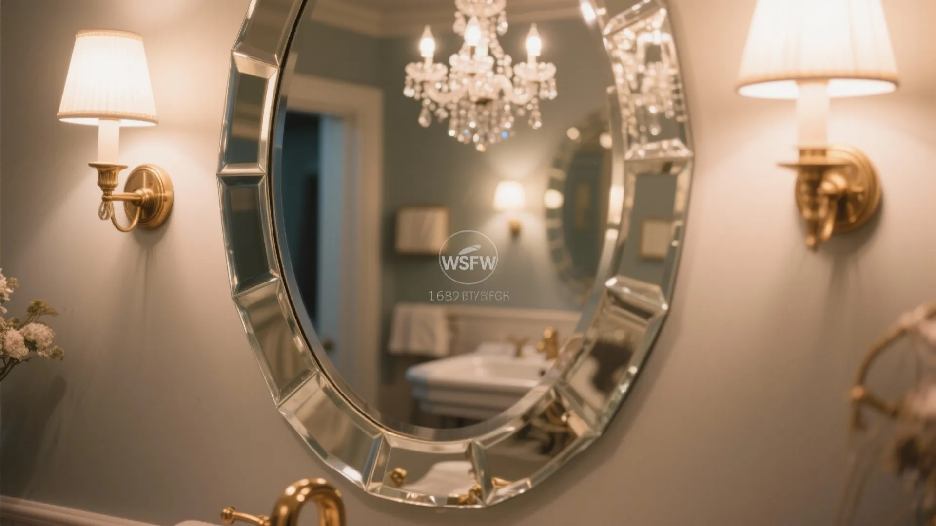 Beveled oval mirror above a vanity with layered warm lighting and subtle chandelier reflection, evocative of Monroe-era glam.