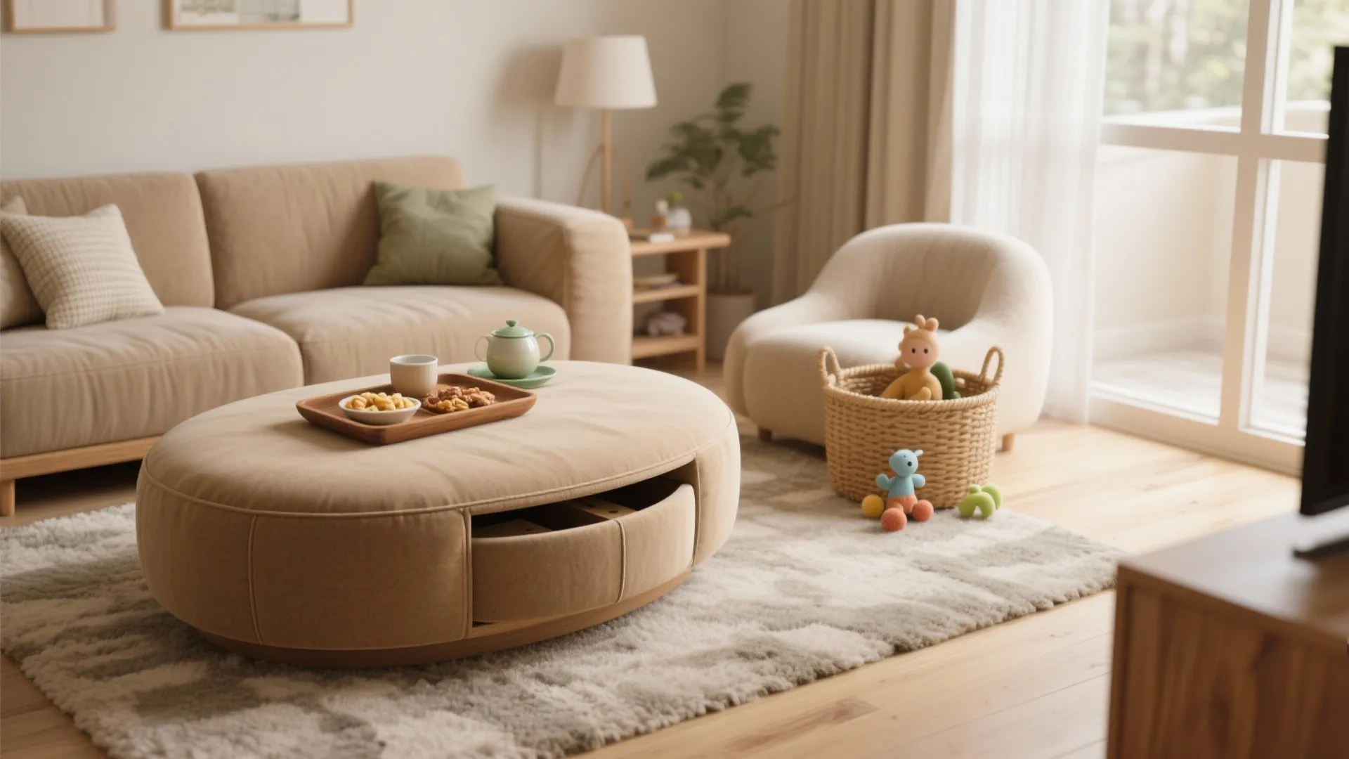 Oval upholstered ottoman + tray combo