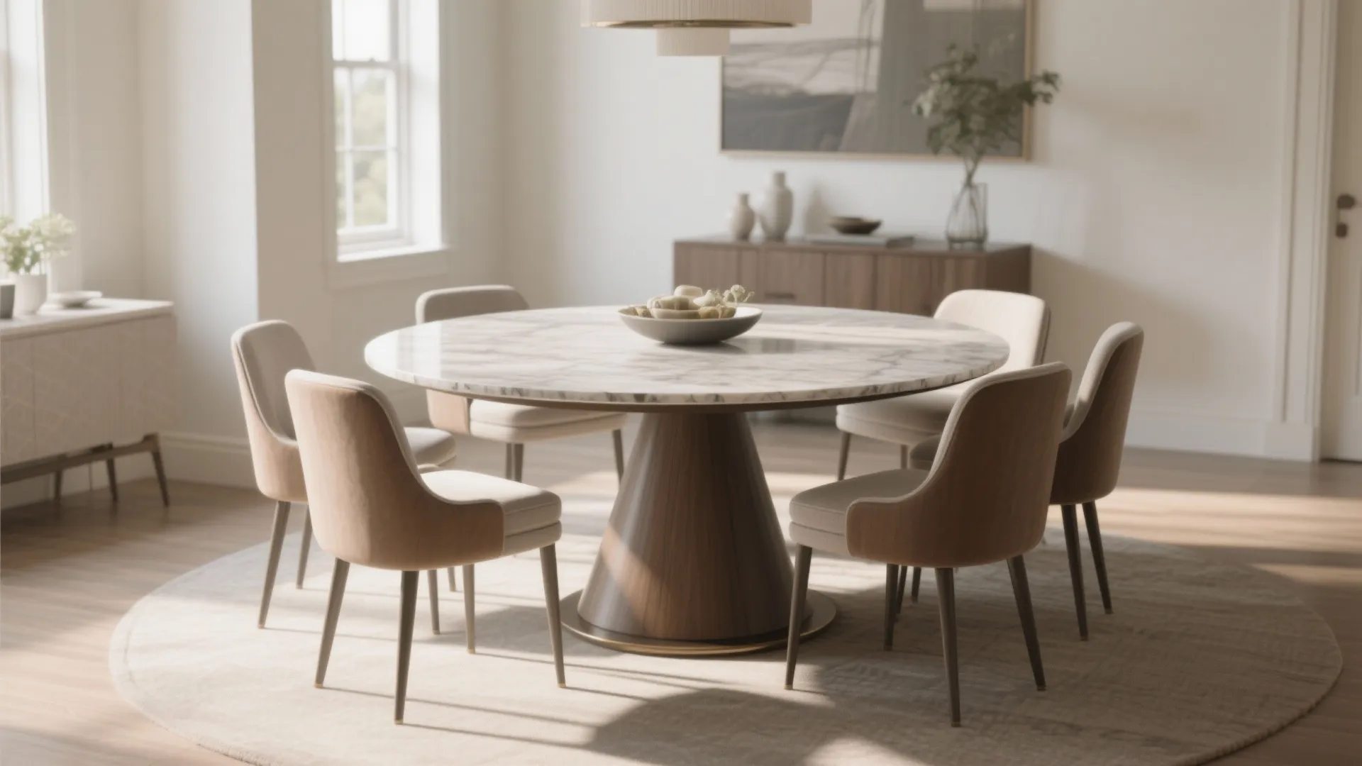 Round white marble dining table with wooden base surrounded by beige chairs in bright airy room