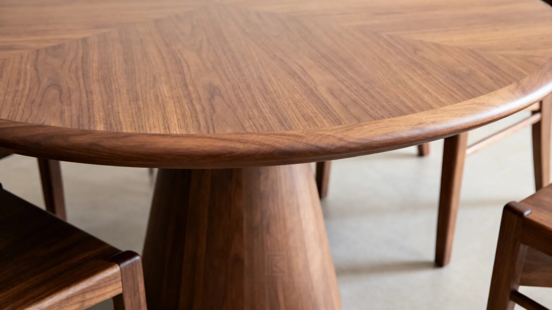 Close-up of an oval table’s rounded edge and pedestal base for better legroom.