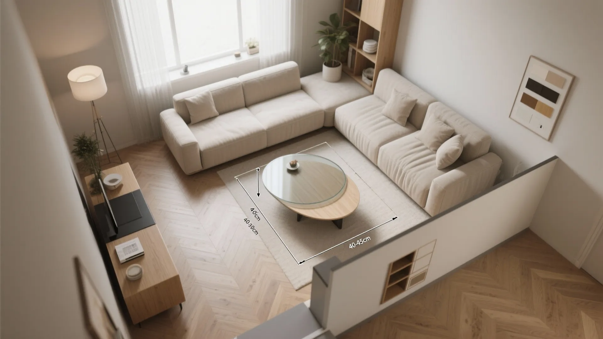 Top-down room plan illustrating oval coffee table placement, clearances, and material swatches.