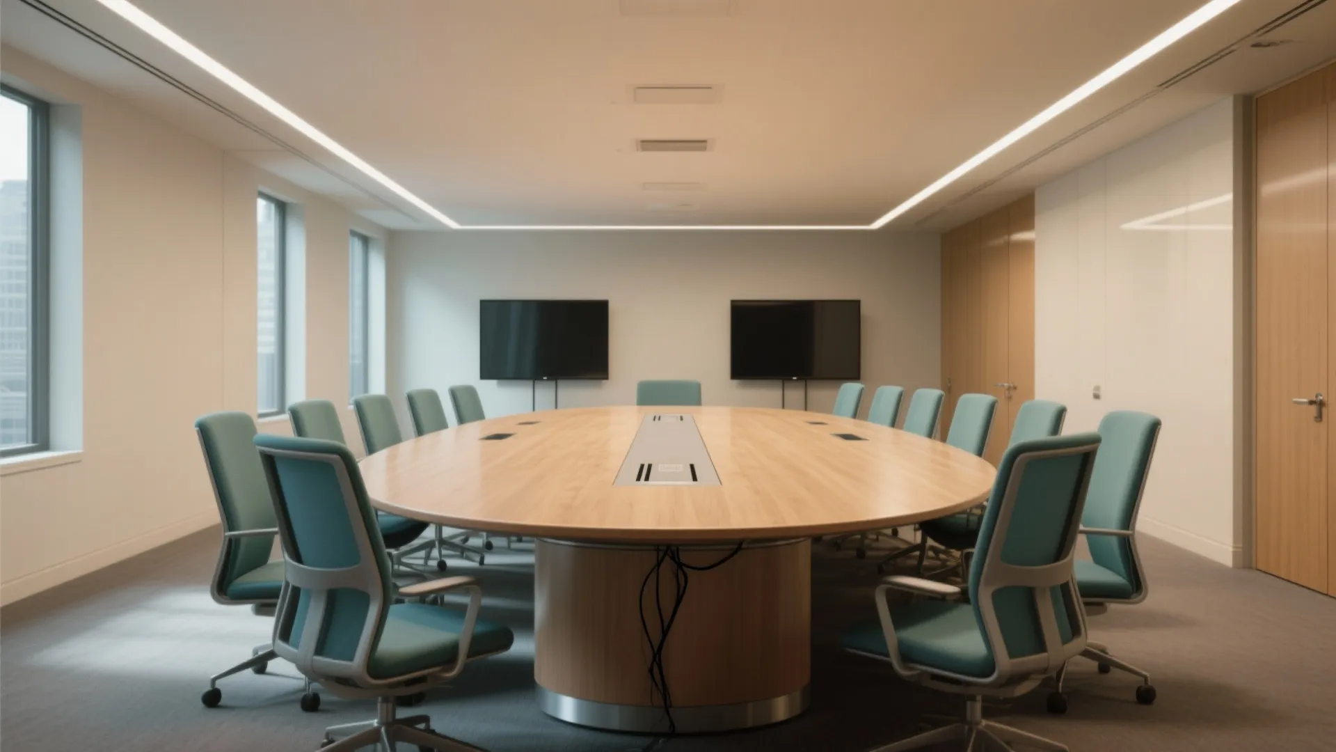 Modern office meeting room with oval wooden table blue rolling chairs and black wall monitors