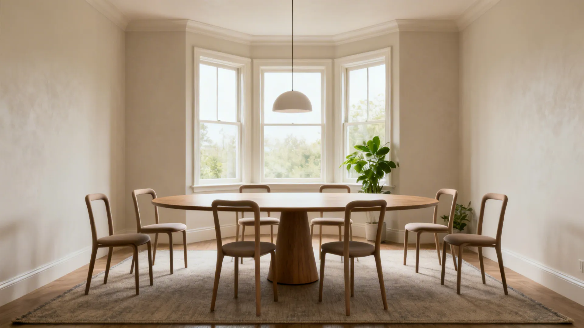 Oval 8-seat table in a compact square room with smooth, corner-free circulation.