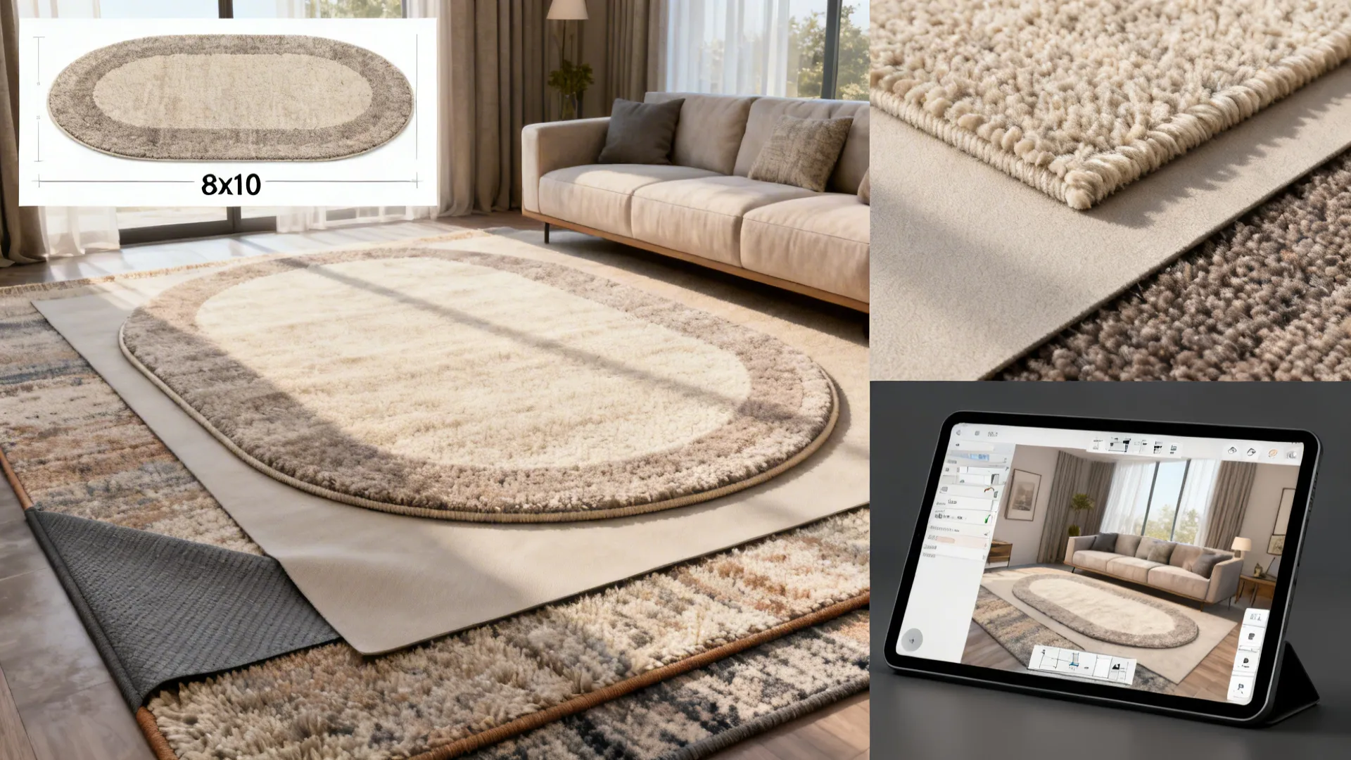 Collage of oval rug scenarios including scale, material close-up, layering and a 3D planner on tablet