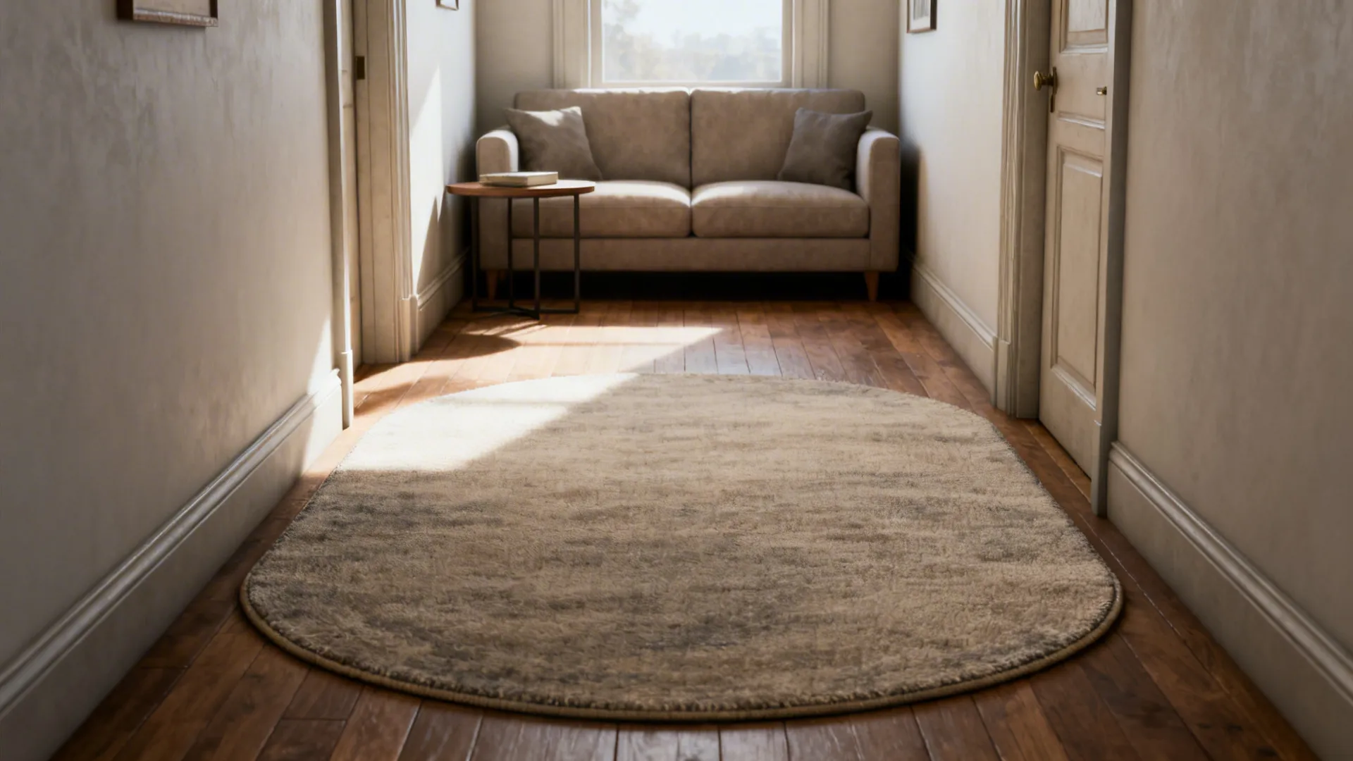 Narrow living room with an oval rug guiding the circulation and softening furniture angles