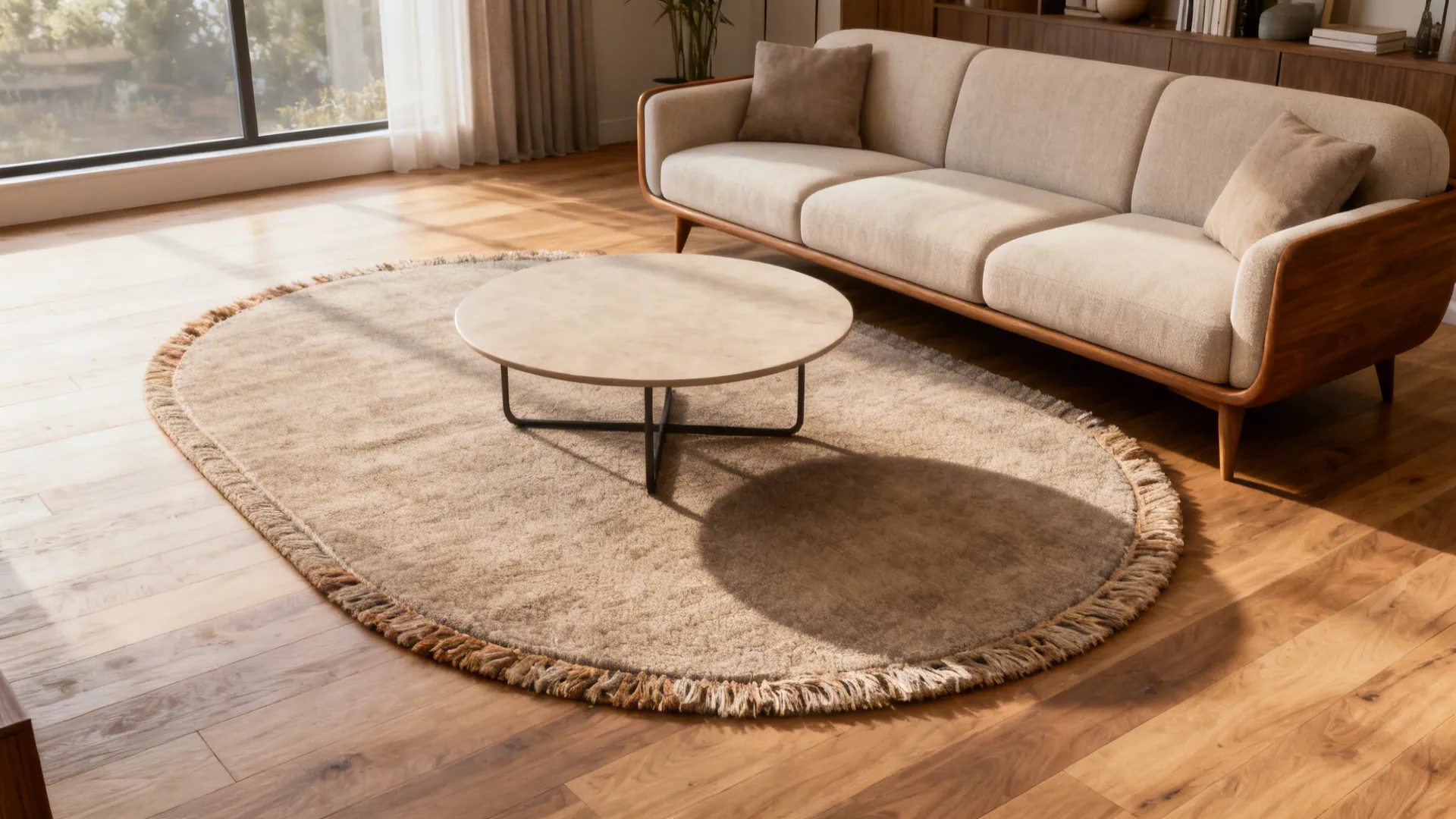Oval rug softening a boxy living room under a round coffee table