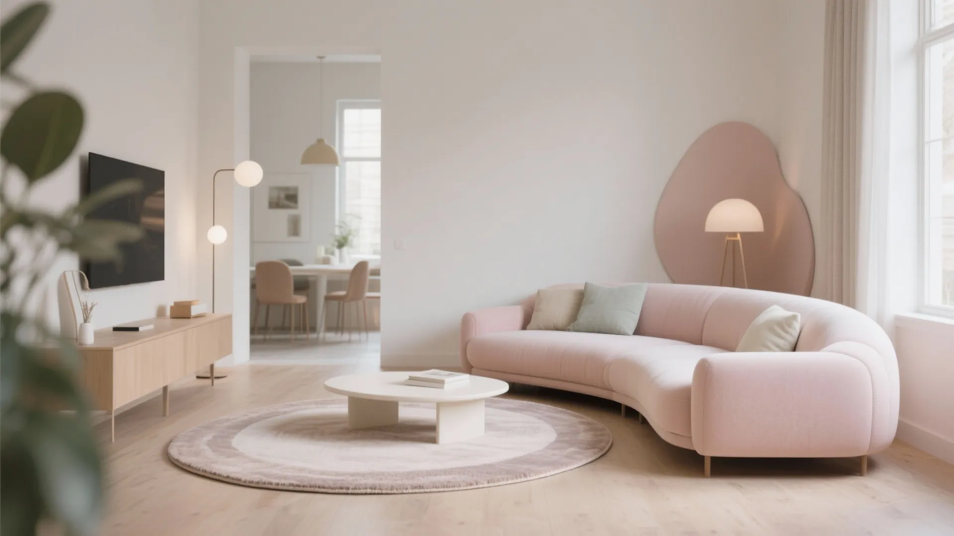 Modern living room with oval rug and curved sofa