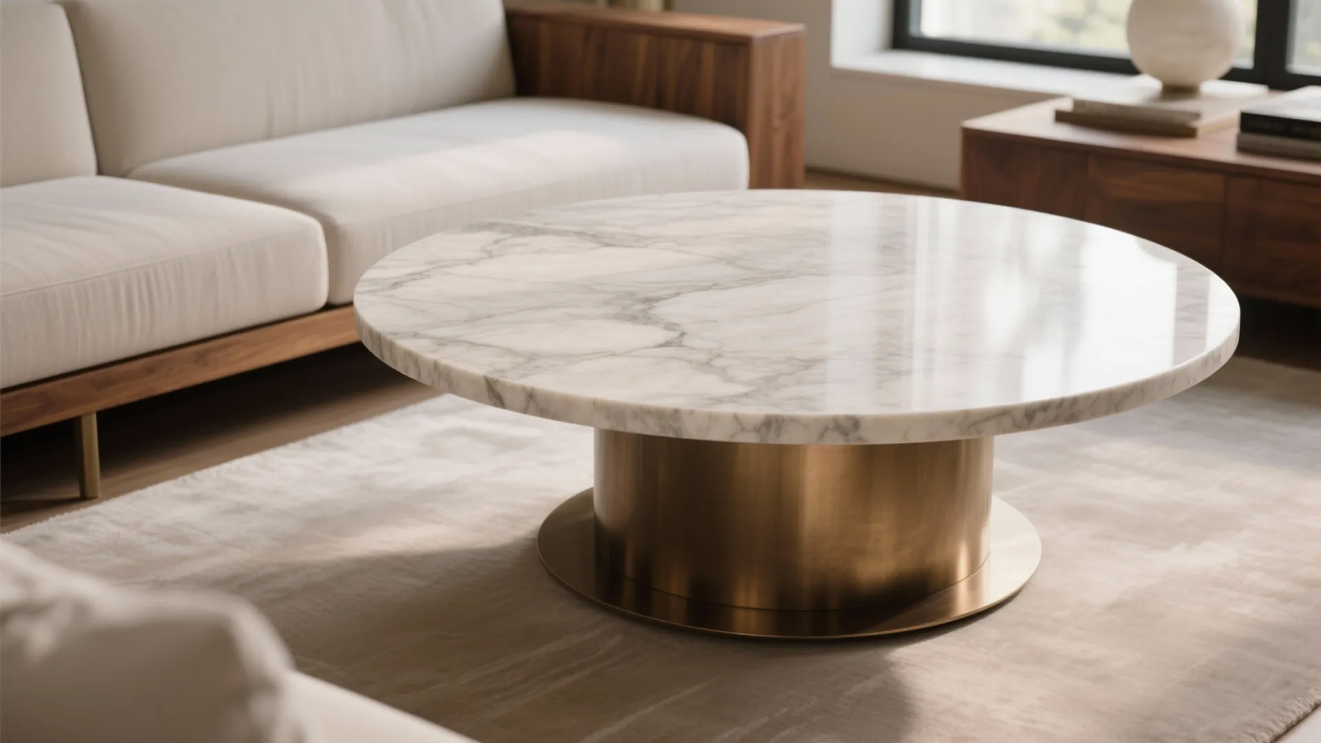 Round white marble coffee table with gold base on rug near a modern beige sofa