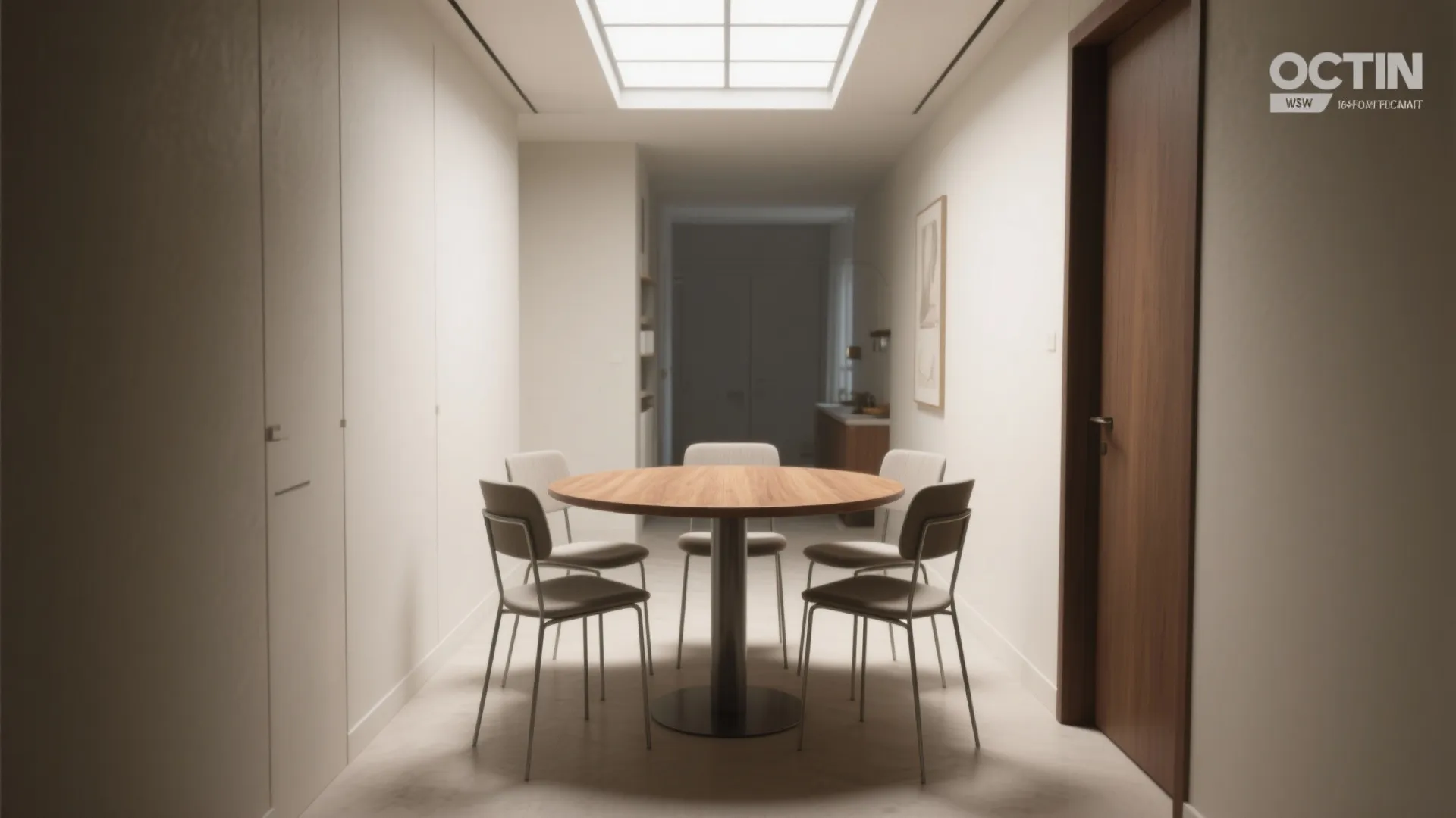 Round wooden dining table with four chairs placed in a narrow room under a skylight