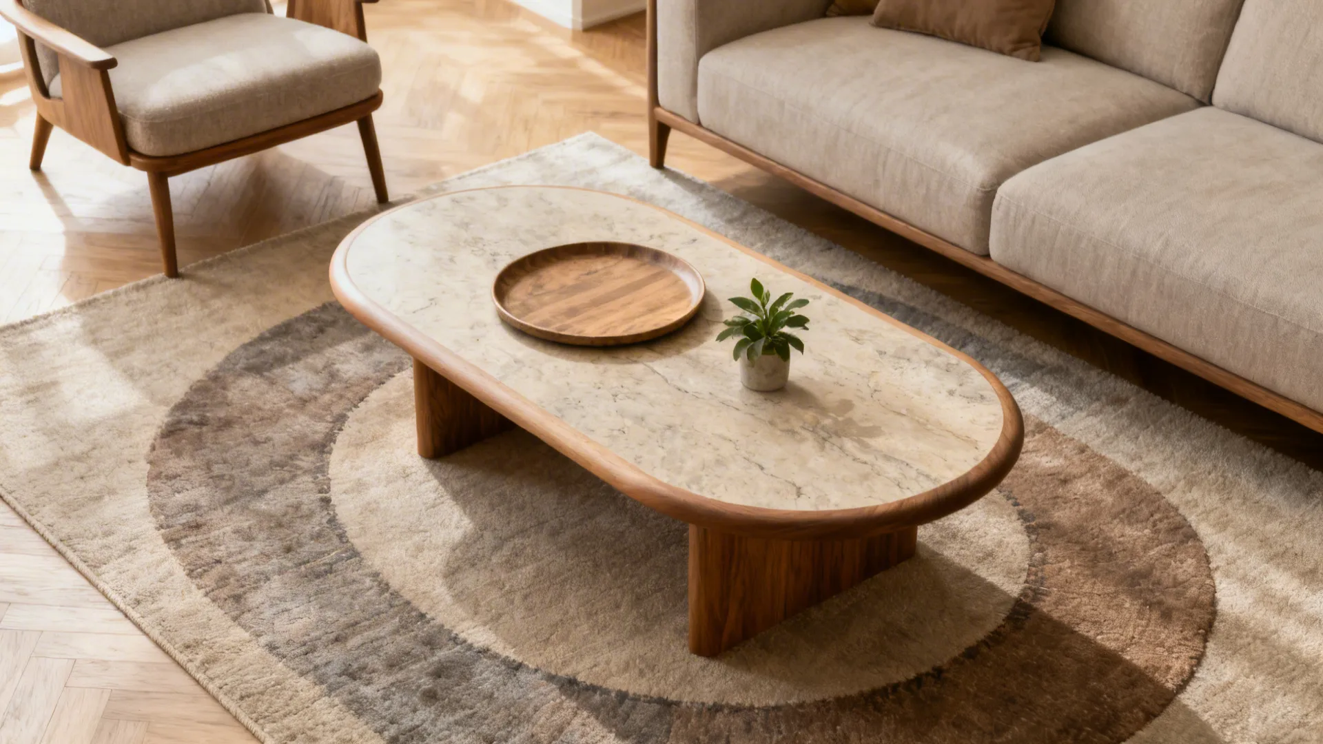 Small living room with an oval coffee table allowing smooth circulation around seating.