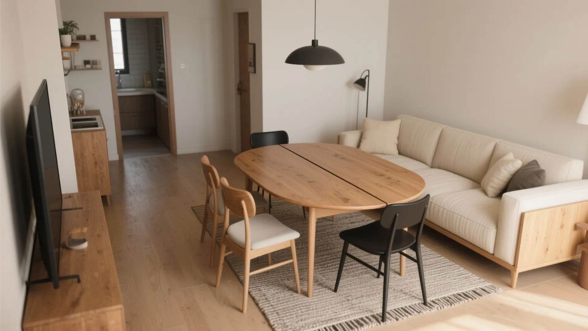 Modern living area with oval wooden table white sofa black ceiling light and wooden floor