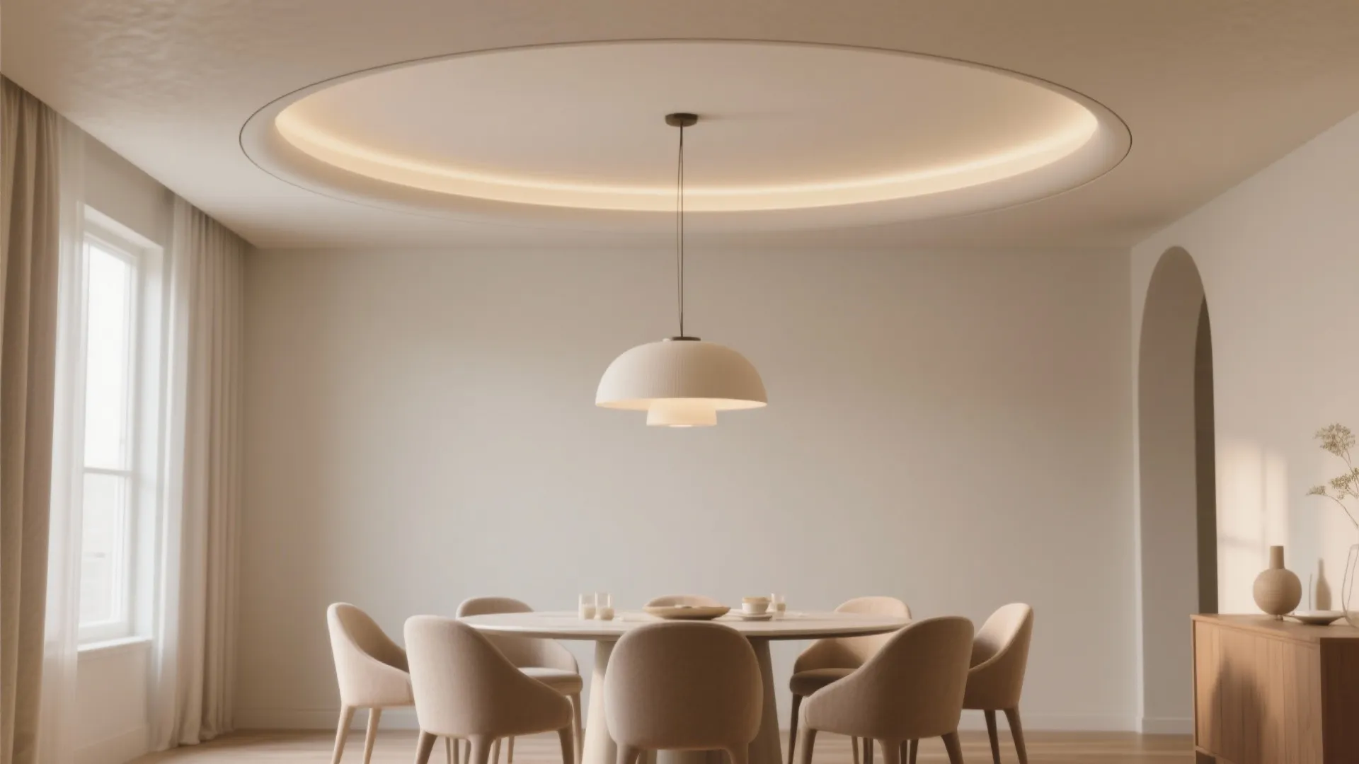 Modern dining room with round table beige chairs hanging ceiling light and circular recessed ceiling light
