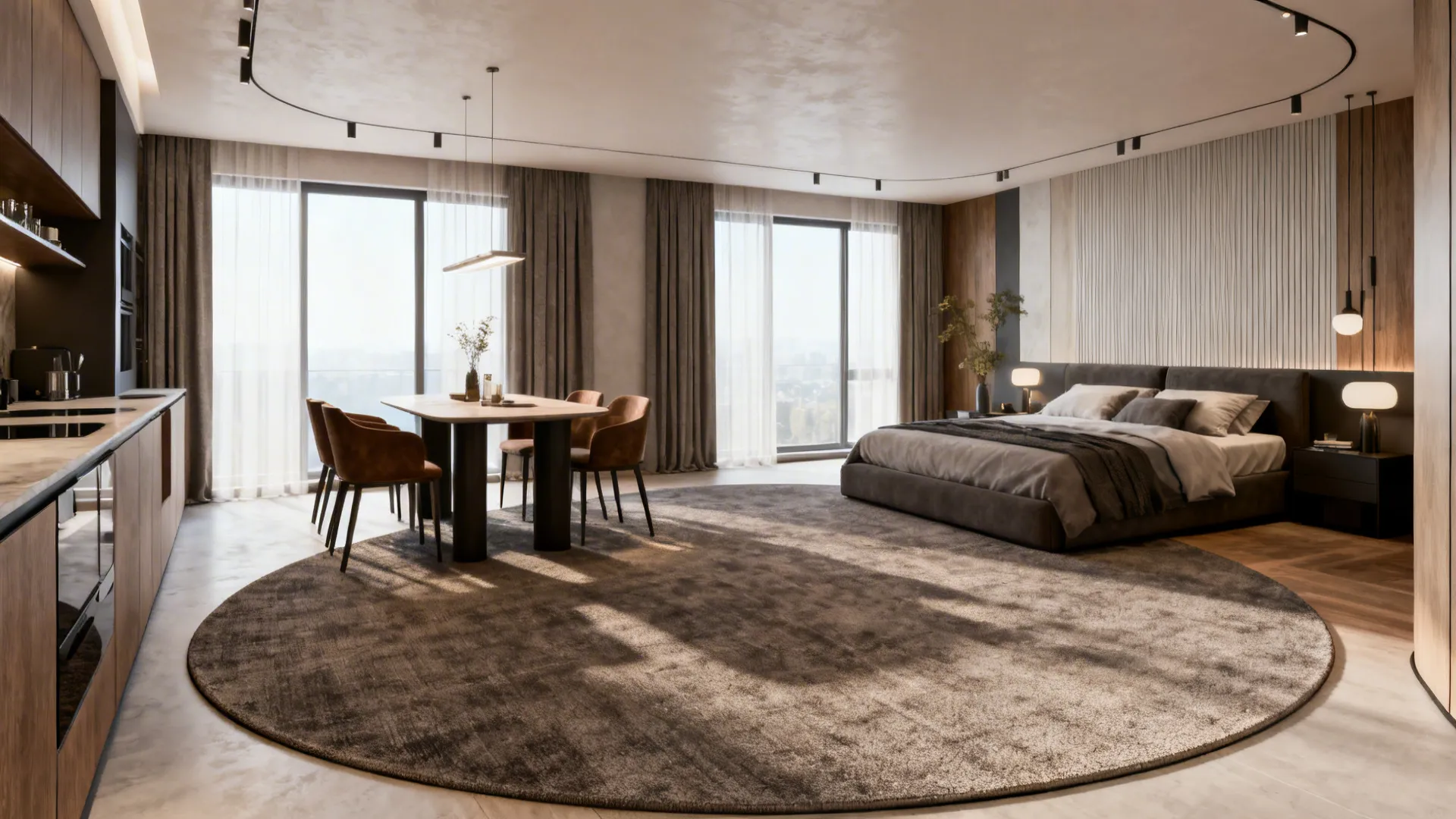 Studio apartment with a large oval rug defining the living area and improving circulation