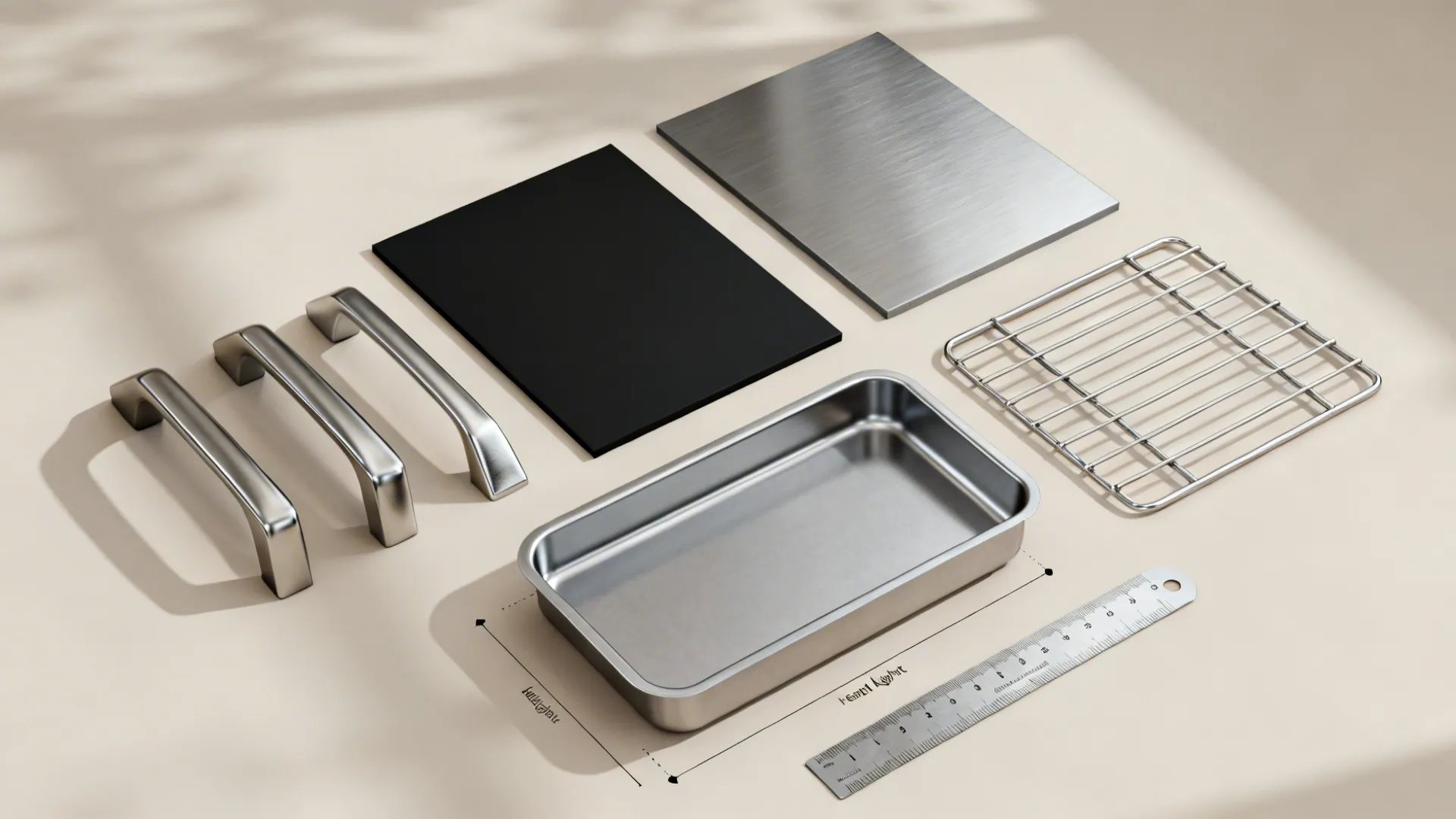Flat lay of matte black and brushed steel finishes with oven components and hardware.