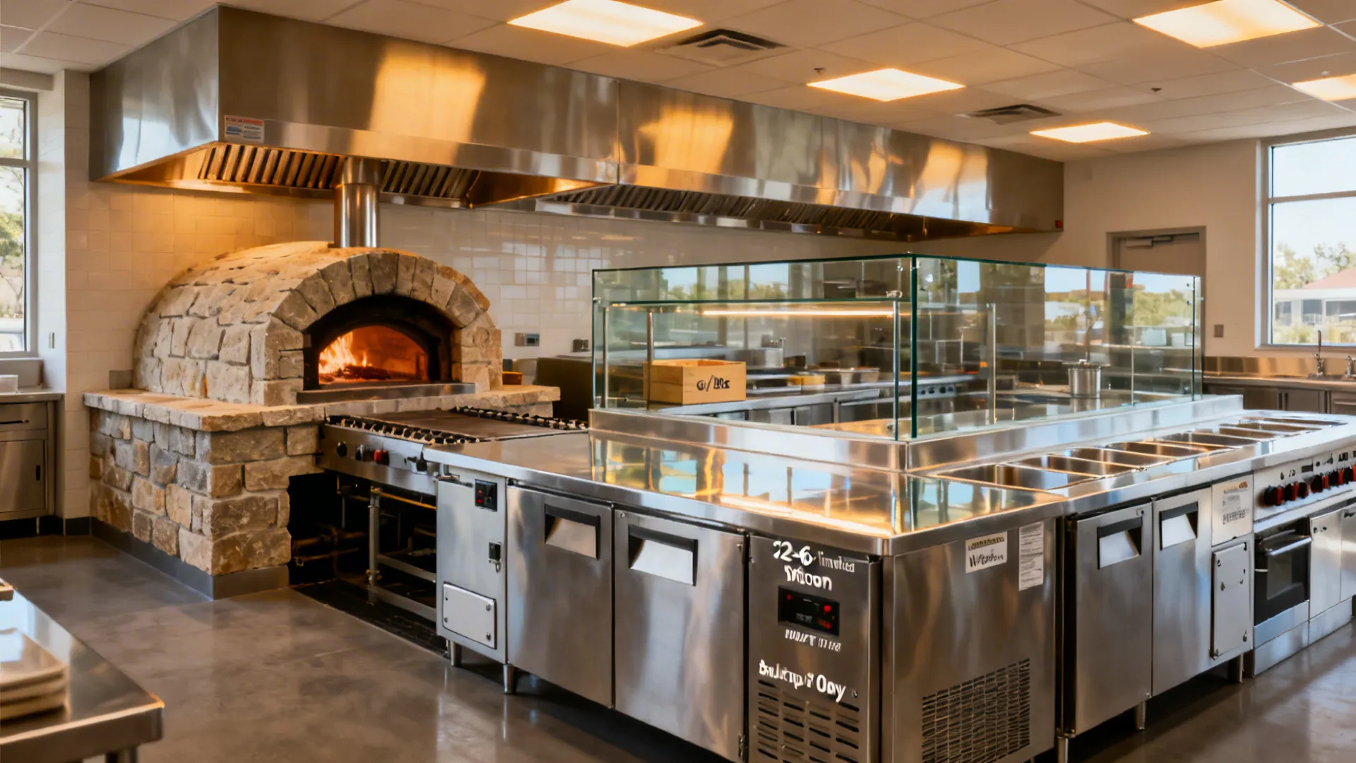 Deck oven with proper hood and a right-sized refrigerated make table within easy reach.