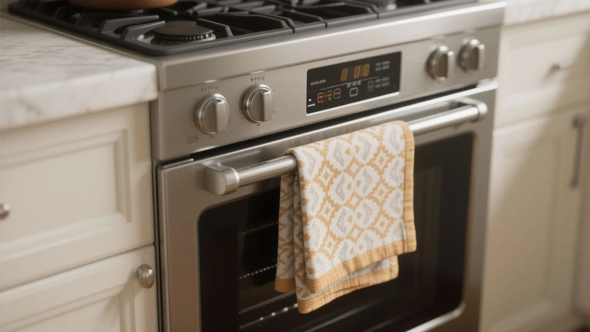 Patterned tea towel draped over a stainless oven handle as a decorative and accessible towel solution.