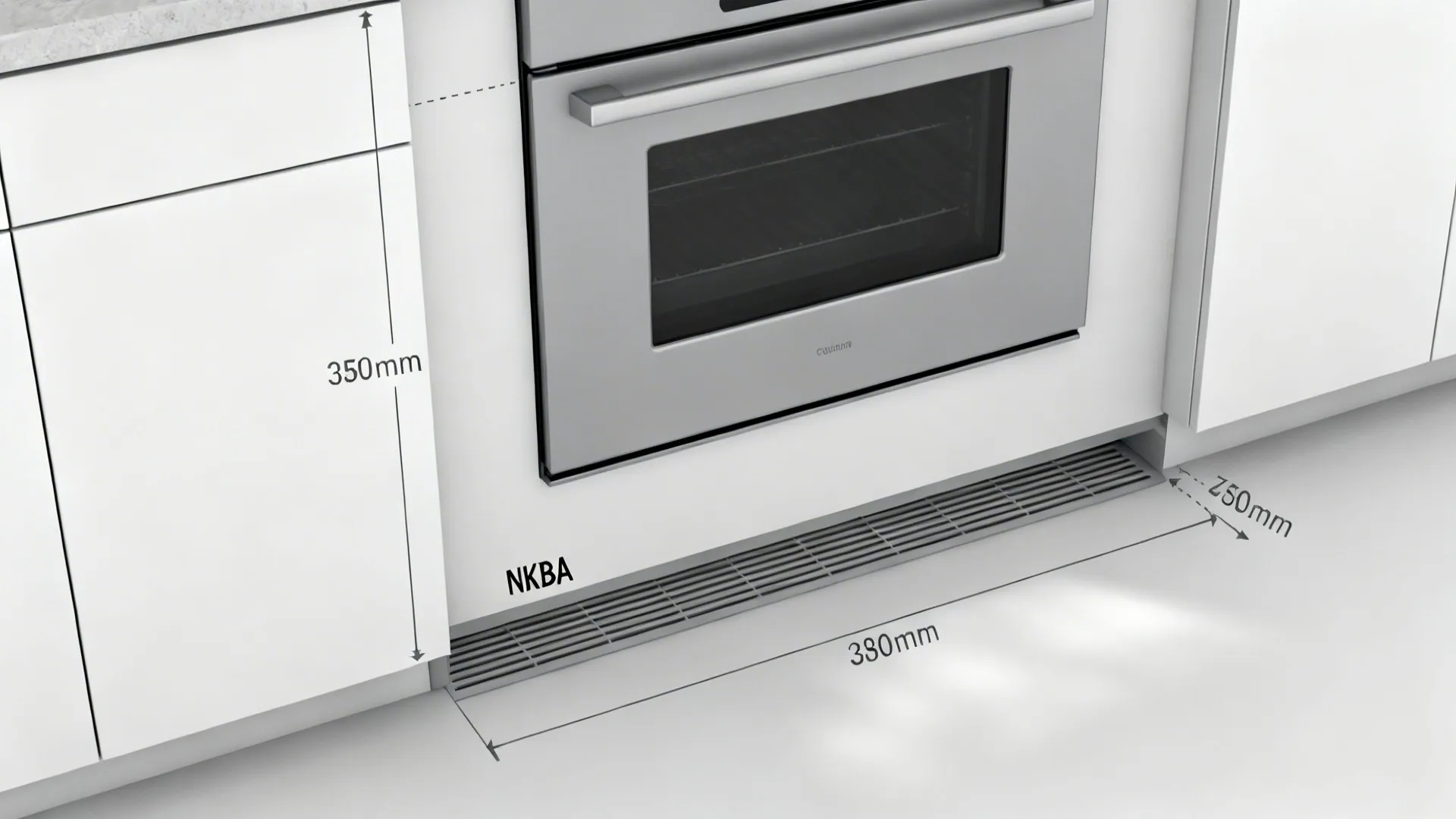 Top-down instructional render showing oven landing zones, airflow at toe-kick, and safe clearances.