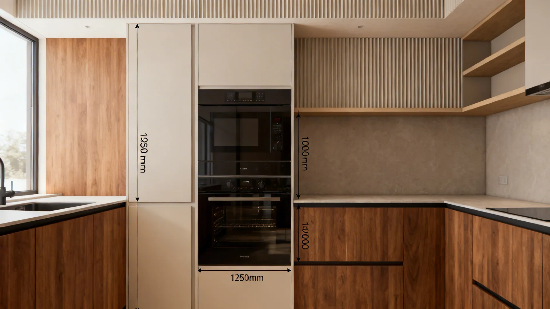 Tall cabinet with built-in oven and microwave stacked at ergonomic height, softened with wood finishes.