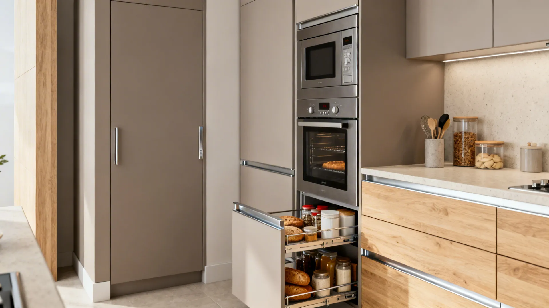 Compact kitchen with a built-in oven tower and a slim adjacent pantry with roll-outs.