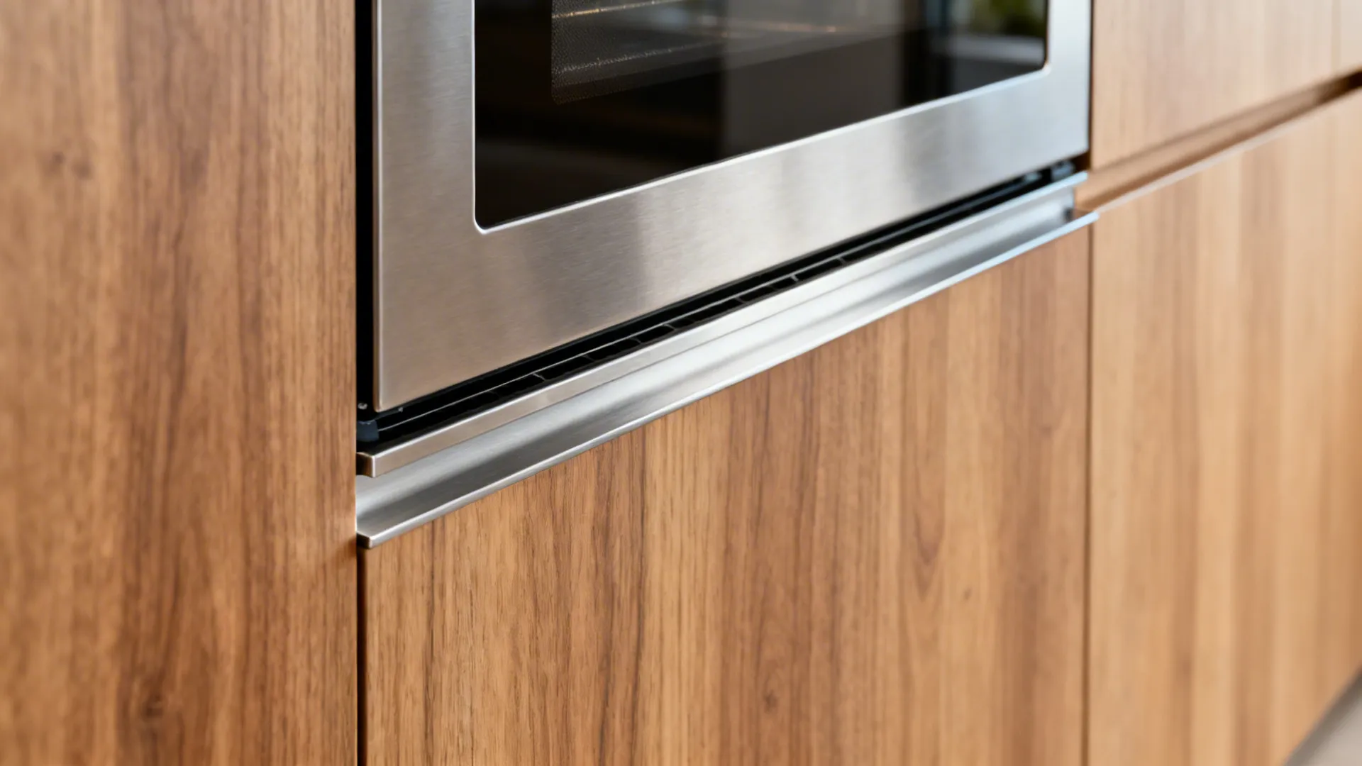 Macro detail of oven trim, wood veneer, and slim ventilation gap with precise alignment.