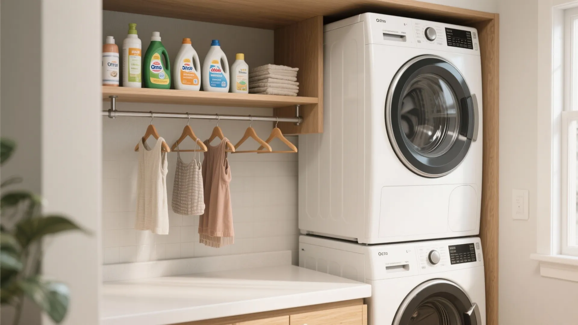 Stacked white laundry machines beside wooden shelves with detergent bottles and clothes hanging on hangers