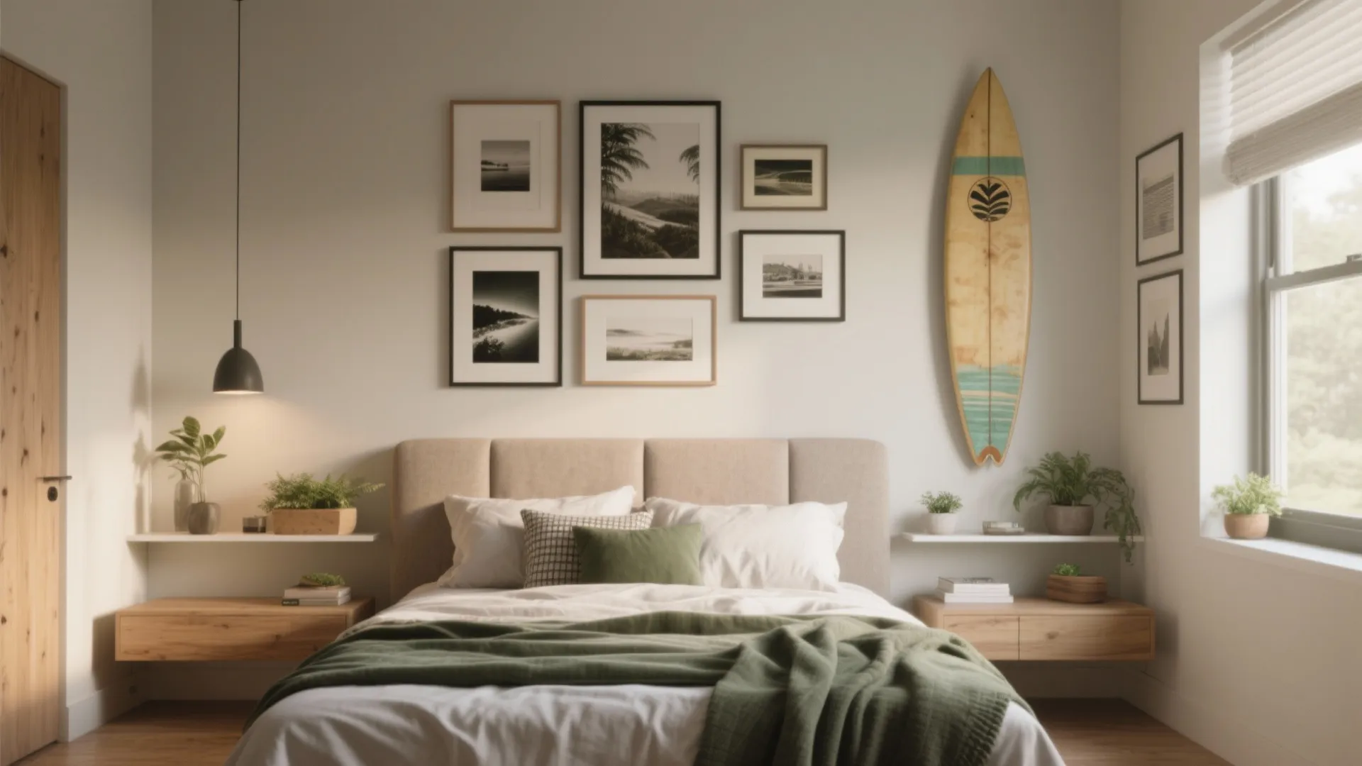 Modern bedroom featuring gallery wall with framed art and surfboard above bed with green throw
