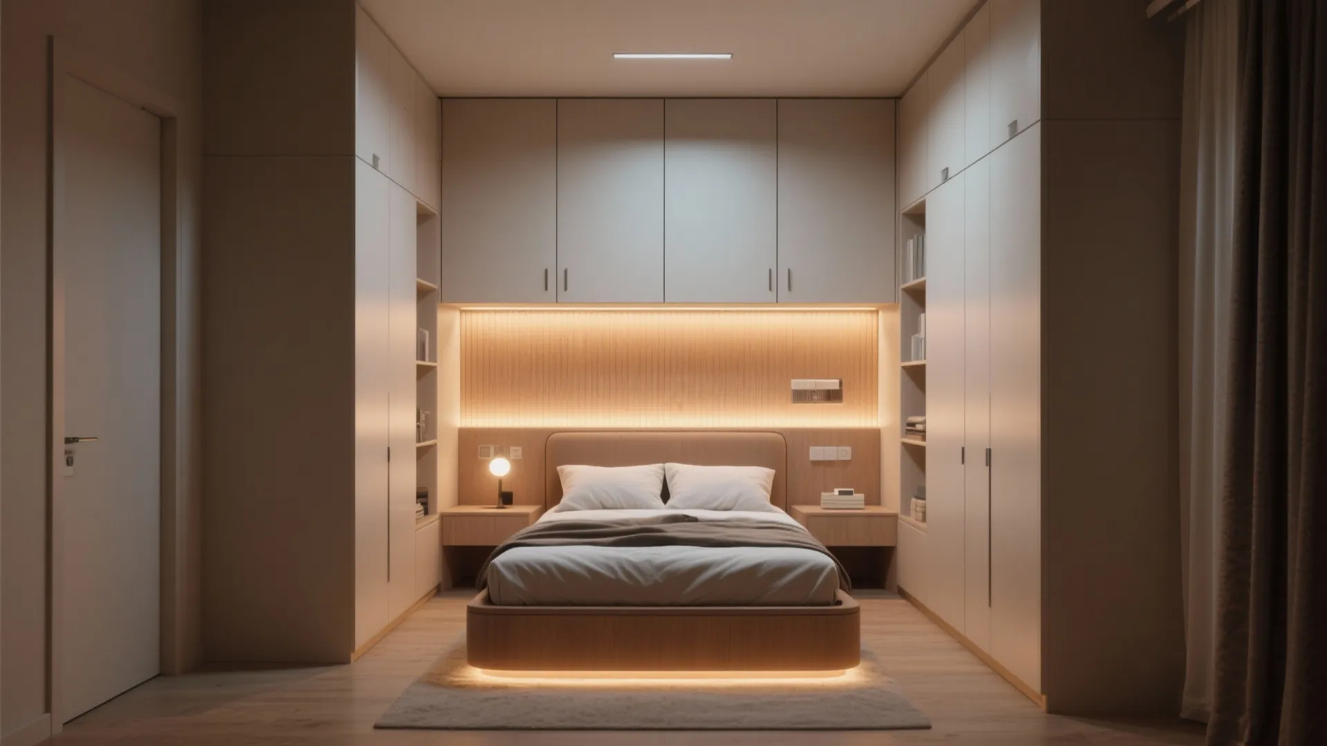 Modern bedroom featuring a bed surrounded by white storage cabinets with warm wood wall panels
