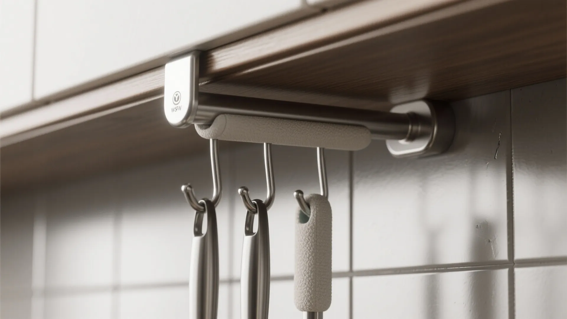 Stainless steel kitchen rail mounted under wood shelf with hooks holding utensils and cleaning sponge