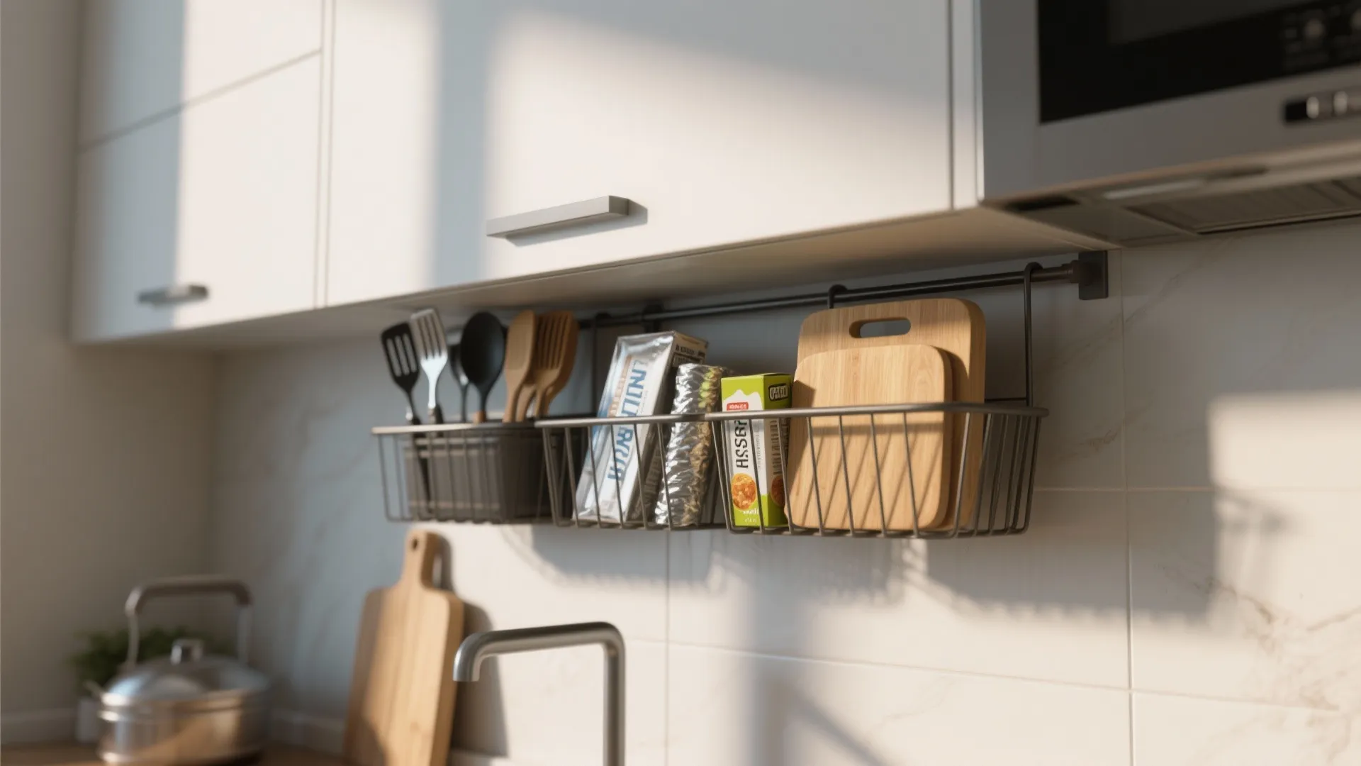 Metal wire baskets hanging under white kitchen cabinets holding wooden cutting boards and cooking tools