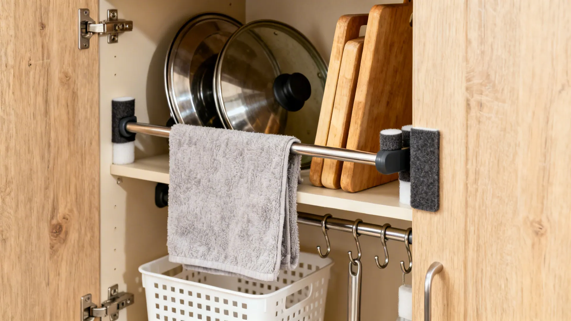 Over-cabinet hook system holding pot lids and boards with protective pads on doors.