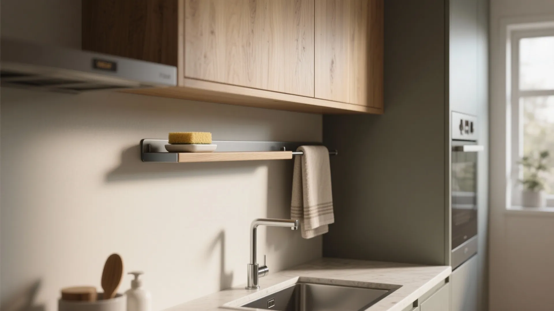 Minimalist wall mounted shelf with yellow sponge and hanging towel above kitchen sink with wooden cabinets