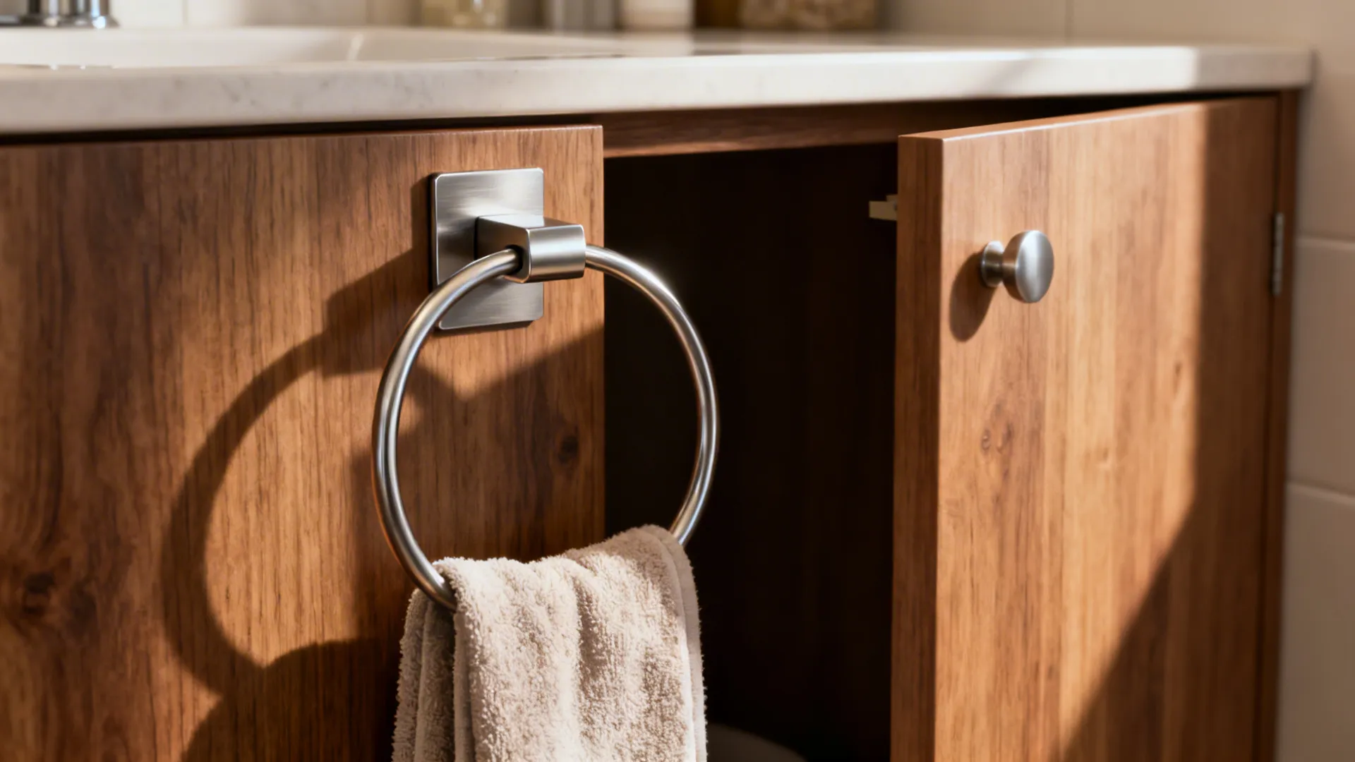 Circular metal towel ring attached to a wooden bathroom cabinet door with a hanging towel
