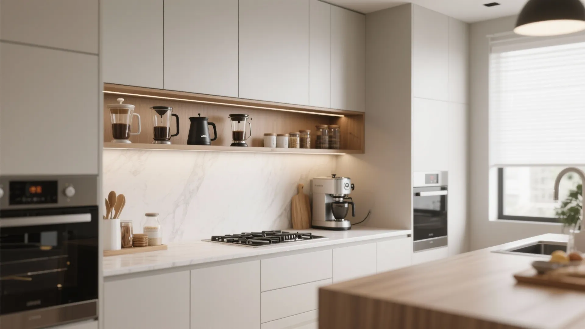 Modern white kitchen with wooden coffee shelf featuring several coffee makers and marble wall surface
