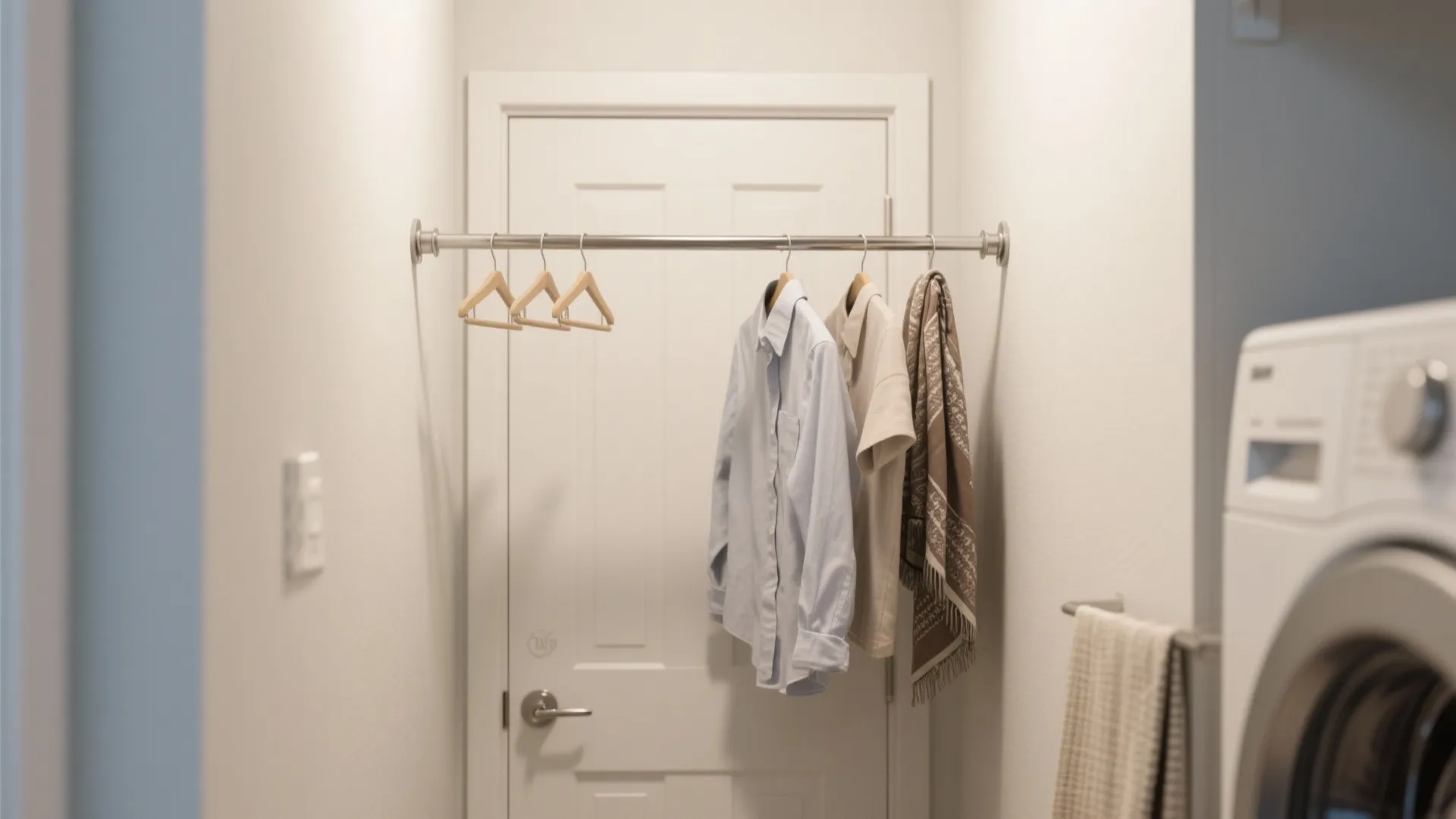 Metal bar fixed across laundry room walls with hanging shirt and scarf near washing machine