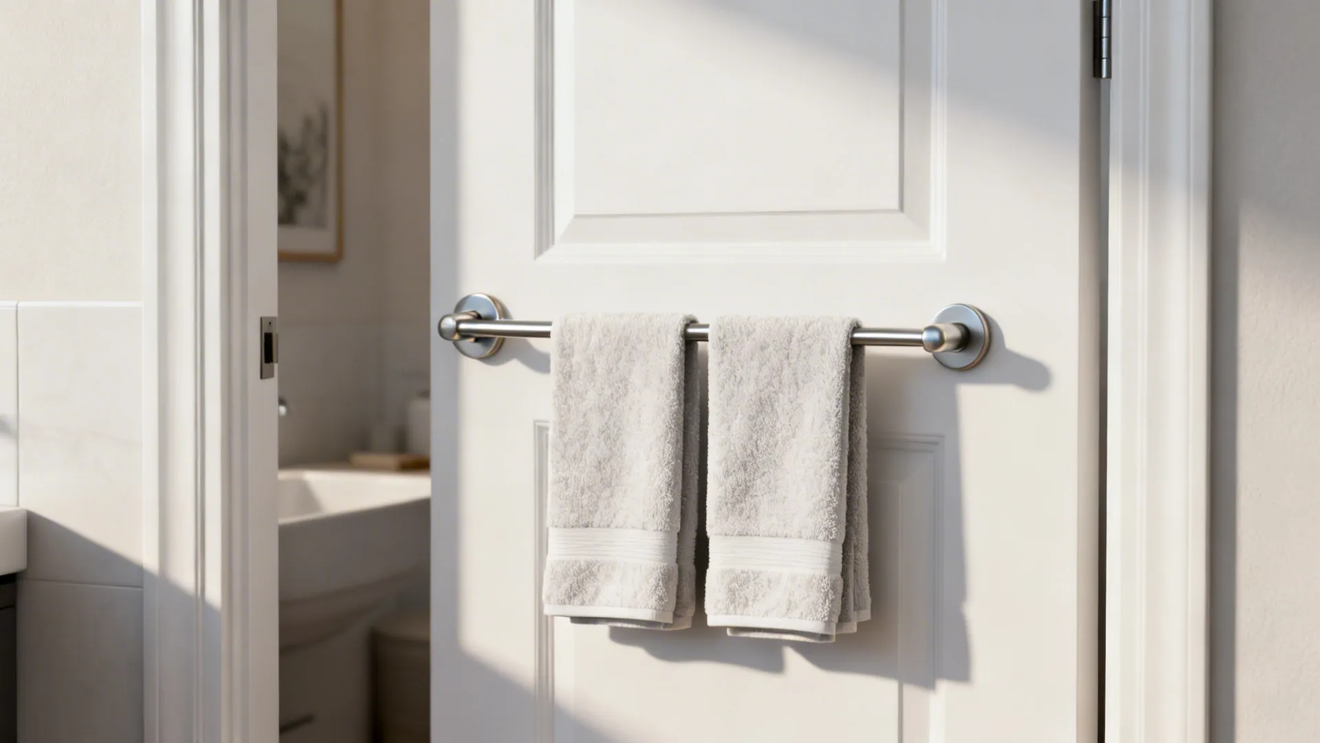 Over-the-door towel bar mounted on a bathroom door holding folded towels.