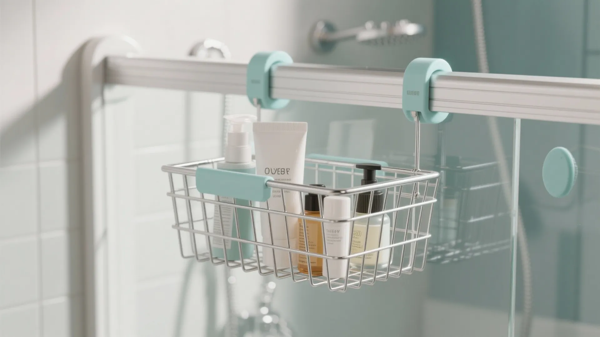 Metal wire shower basket hanging on glass door containing white soap bottles and bath products
