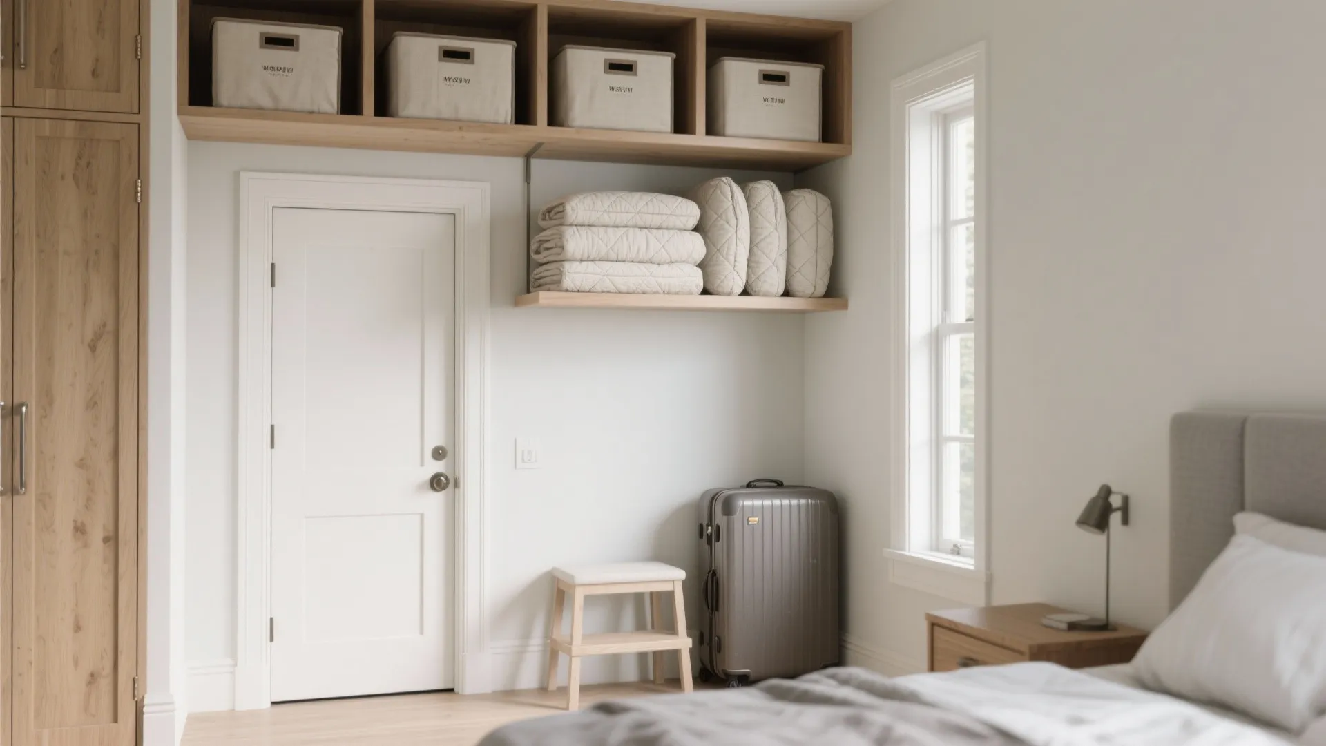 Bedroom interior design with white door wood storage cabinet over door and small step stool