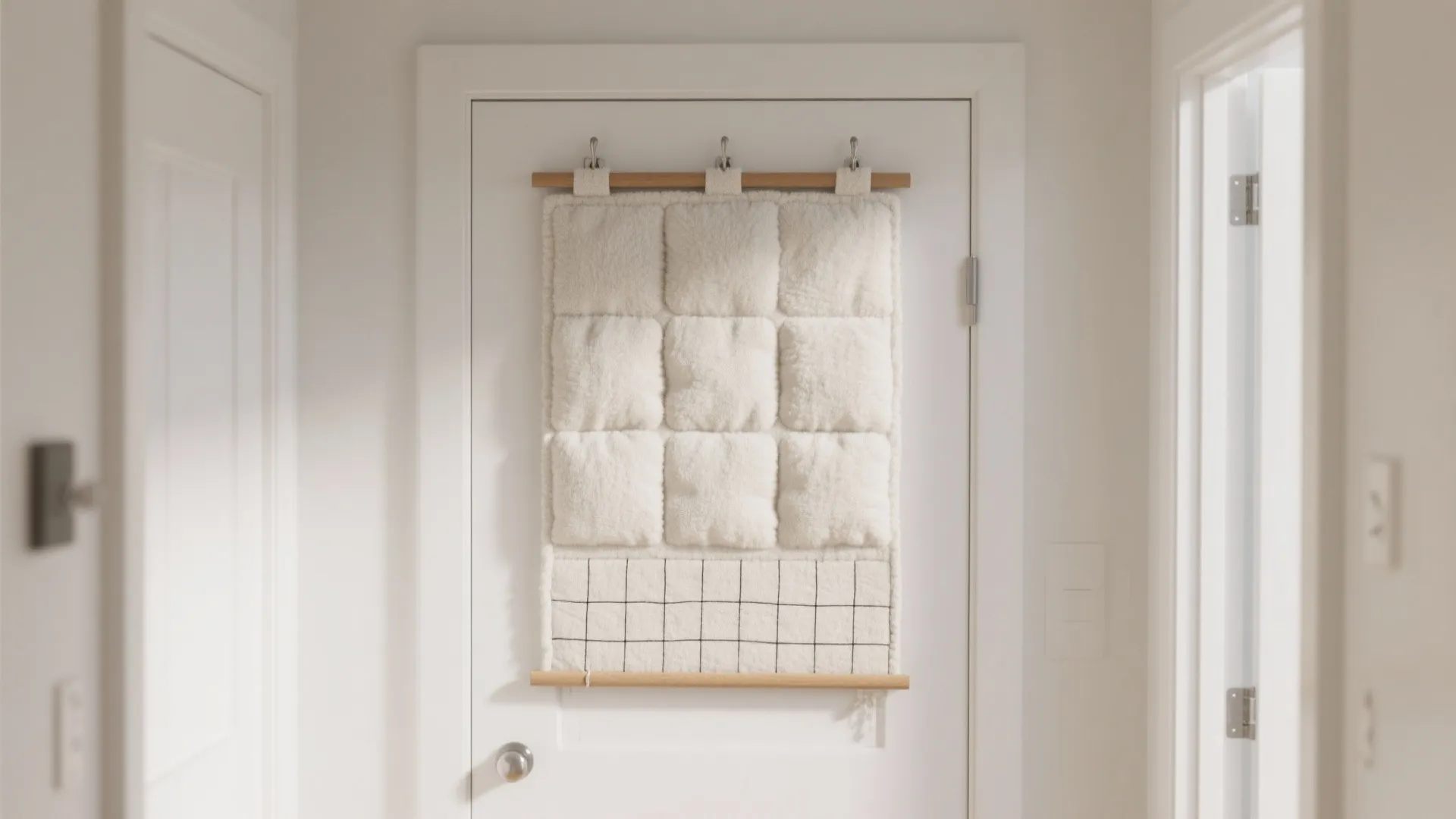 White fleece wall hanging with padded squares and grid pattern mounted on a bedroom door