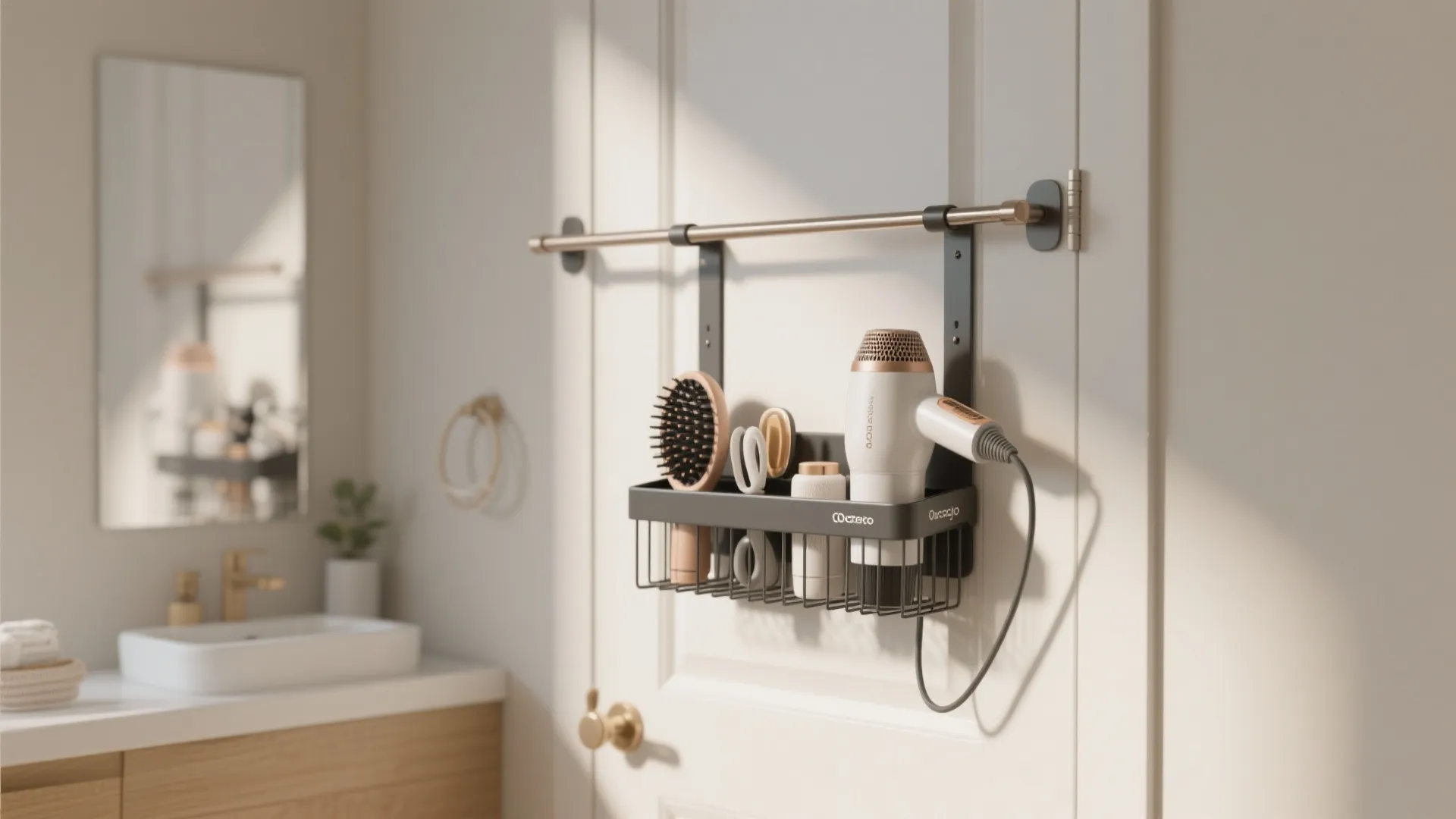 Black metal storage rack hanging on white bathroom door holding white hair dryer and brush