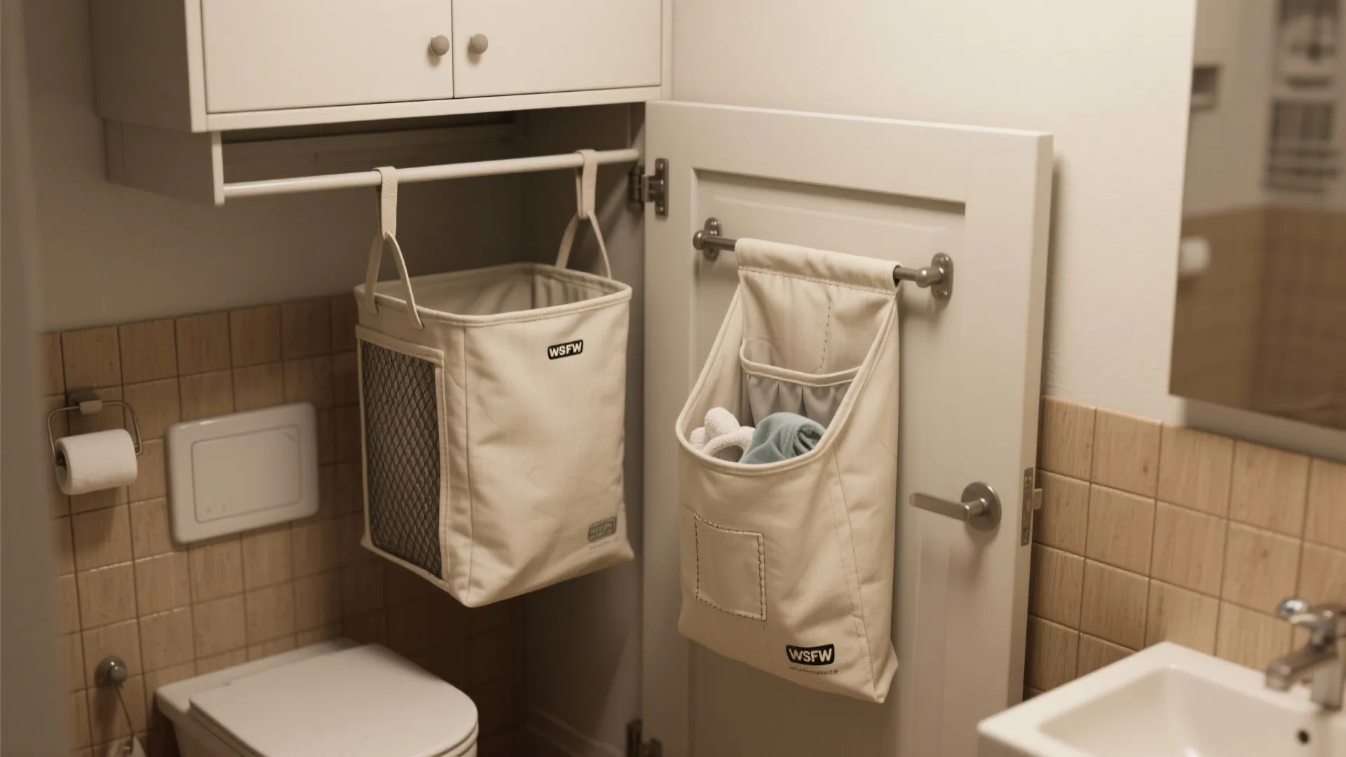 Over-the-door and cabinet-hung hamper tucked behind a bathroom door in a studio.