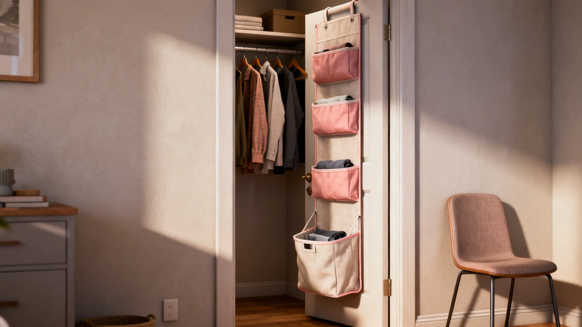 Over-the-door laundry hamper with multiple pockets hanging inside a studio closet door.