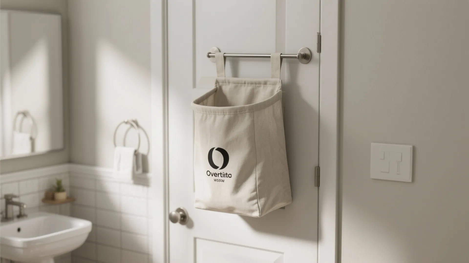 Beige fabric laundry bag hanging on a metal bar on a white door in bathroom