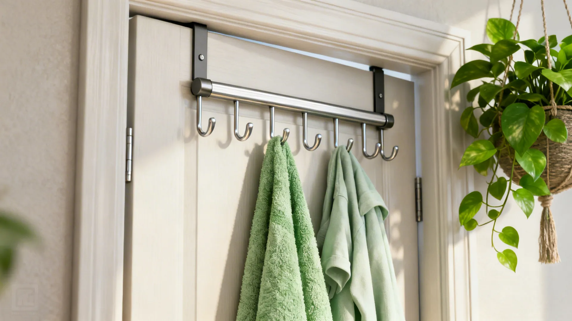 Back of a laundry door with over-the-door hooks and a slim bar holding towels and light garments.