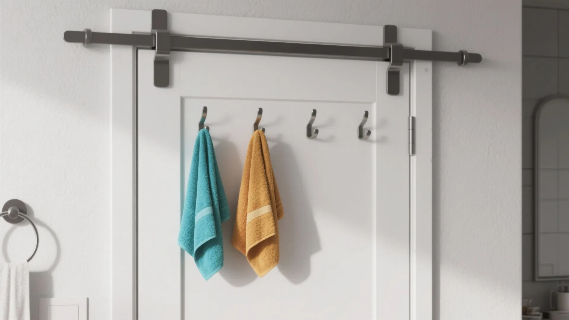 White door with silver metal hooks holding a blue towel and an orange hand towel